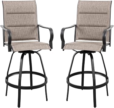 Vongrasig 2 Piece Outdoor Patio Swivel Bar Chairs, All Weather Padded Sling Textile High Top Bar Stools, Bistro Set for Backyard, Lawn Garden, Balcony, Gray