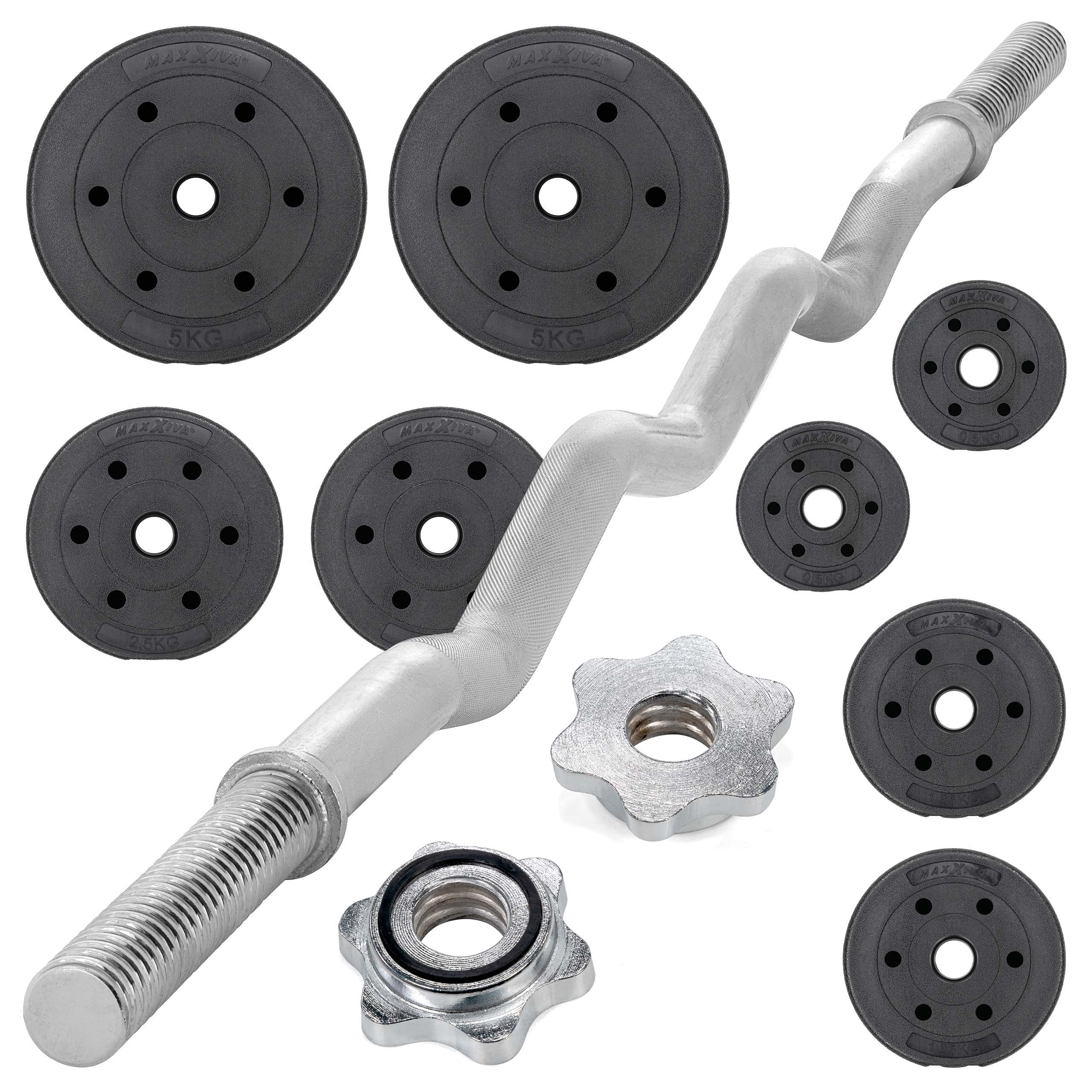Curl-Set 120 cm 24 kg 8 Gewichte Krafttraining Zugstange silber verchromt Bodybuilding Fitness Schraubverschlüsse Gewichtheben Sternverschlüsse