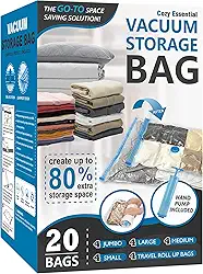 Pacote com 20 sacos de armazenamento a vácuo, sacos de economia de espaço (4 jumbo/4 grandes/4 médios/4 pequenos/4 rolos) compressão para edredons e cobertores, armazenamento de roupas seladora, bomba manual incluída
