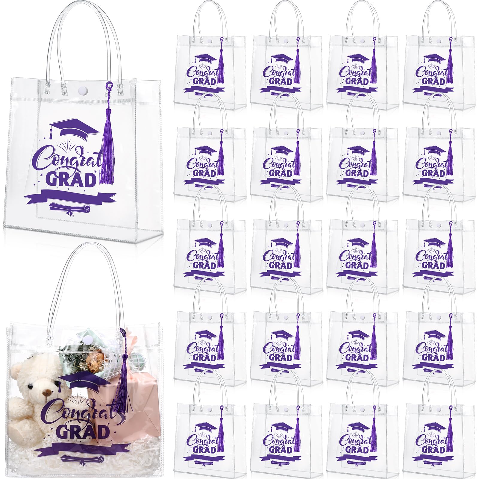 Sweetude 24 Pack 2026 Graduation Clear Gift Bags with Tassel Bulk, Congrats Grad Reusable PVC Treat Bags with Handles for Graduation Party Favors,