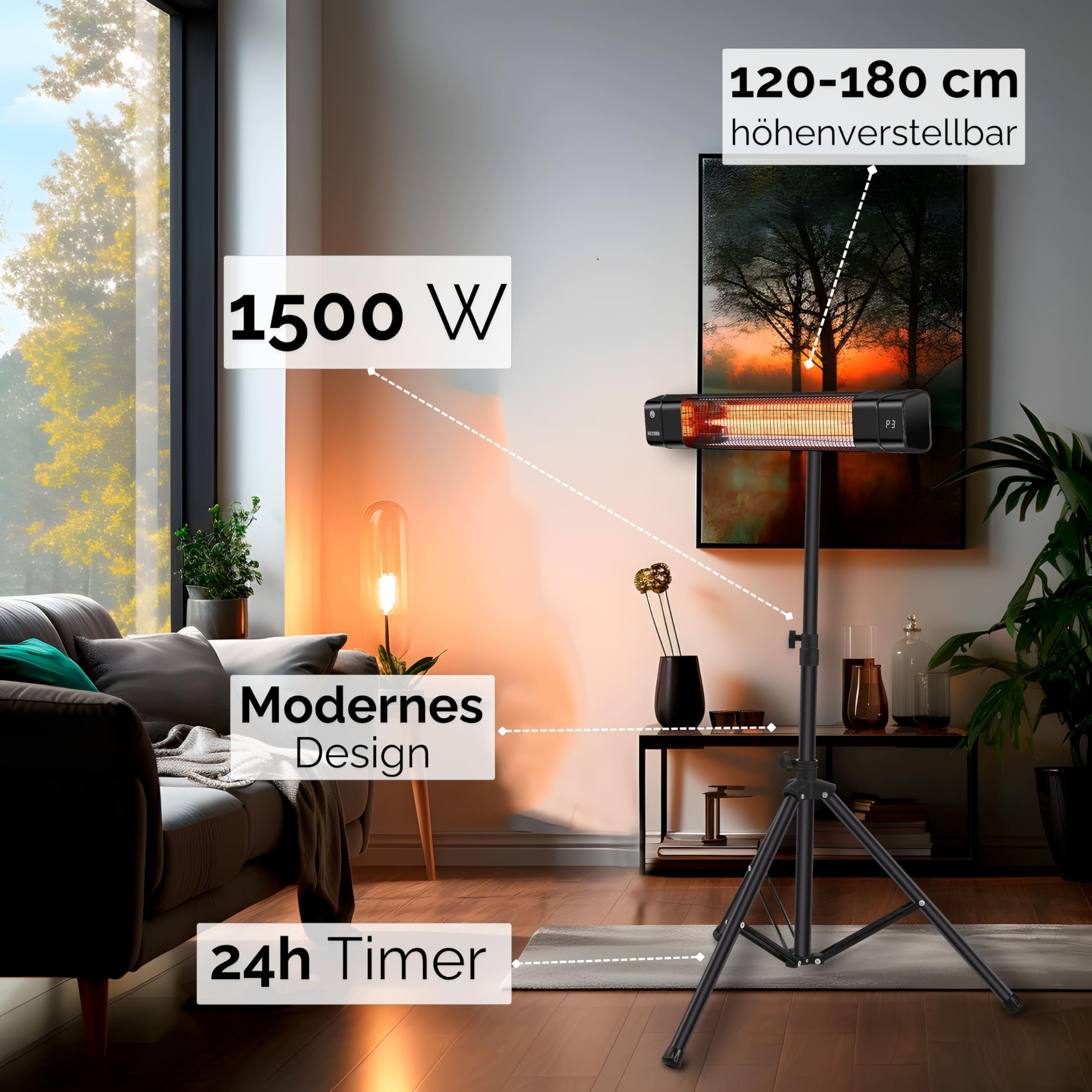 Echos® Karbon Infrarot Heizstrahler 1500W langlebiges Carbon-Heizelement – Terrassenheizer elektrisch für Balkon, Wintergarten & Innenbereich, Standfuß oder Wandmontage, 3 Stufen, Timer, Fernbedienung