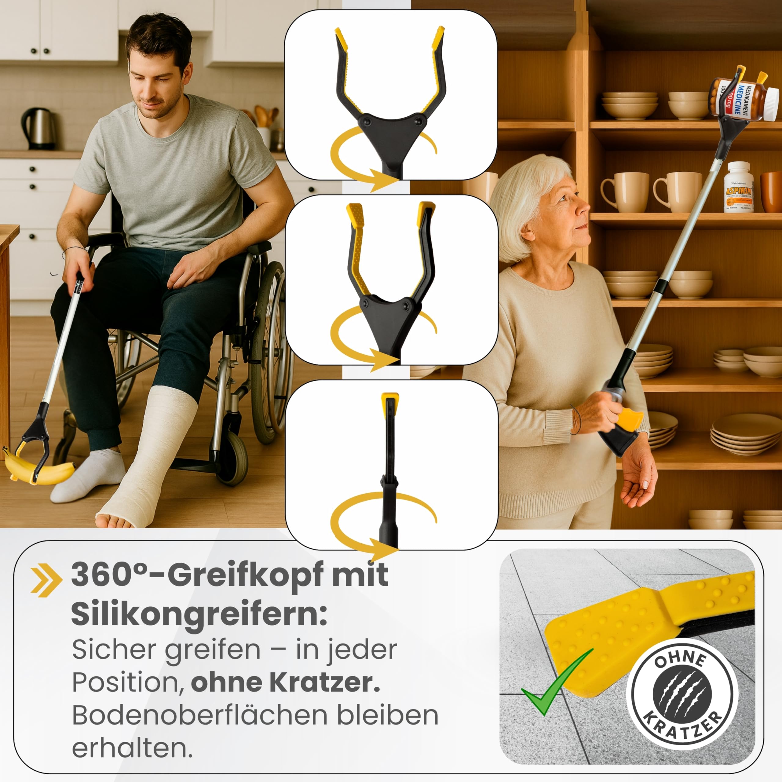 [75-111cm] Greifzange für Senioren, Greifer mit Aluminium Teleskop Stange für individuelle Einstellung und starkem Griff mit 360° Drehkopf, Ergonomischer Reacher für Senioren mit Magnet-Greif