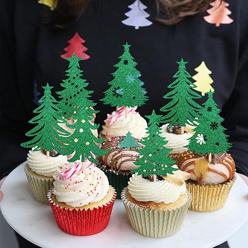 Miniatura 6 de 24 piezas de adornos para cupcakes para árbol de Navidad con estrella verde purpurina para árbol de Navidad para temática de Feliz Navidad, Año