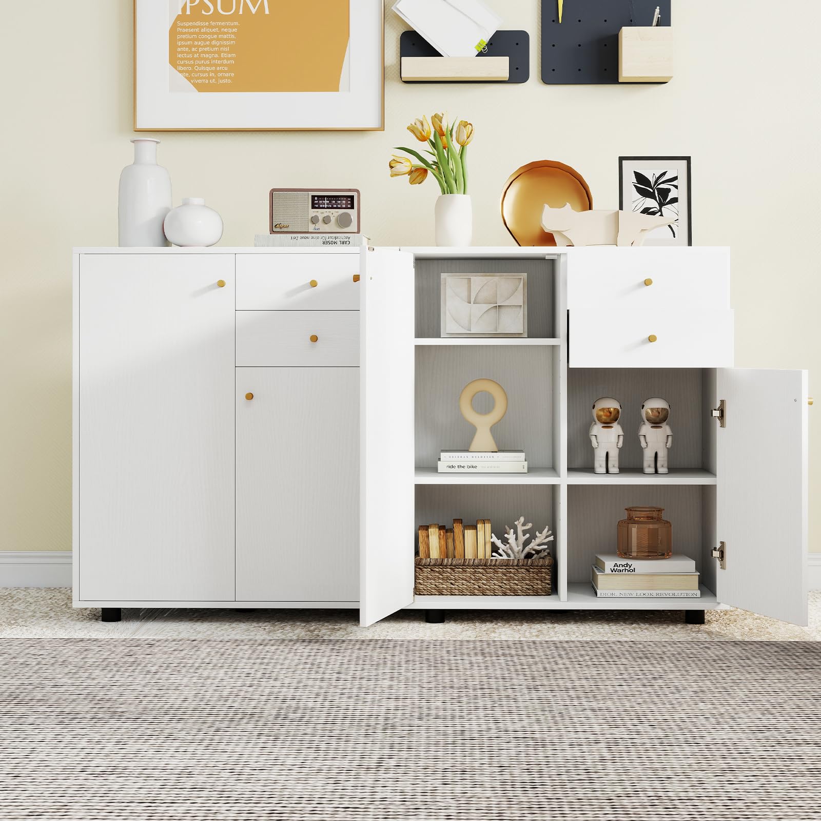 KOMFOTTEU Mobile Dispensa con 2 Cassetti, Credenza da Cucina con 2 Ante, Mobiletto Basso con 3 Ripiani Regolabili, Armadio a Buffet per Sala da Pranzo, Soggiorno, 74x35x85,5 cm(L x P x A) (Bianco)