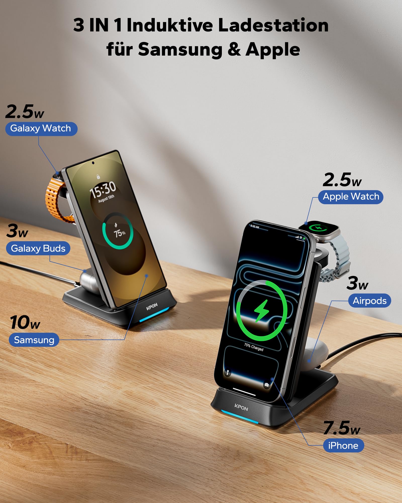KPON 3 in 1 Ladestation für Samsung Watch und Handy, Faltbar Induktive Ladegerät für Samsung S26/S25/S24/S23/S22/Z Flip/Fold7/FE, Wireless Charger für Galaxy Watch Ultra/8/7/6/5/4, Galaxy Buds-schwarz