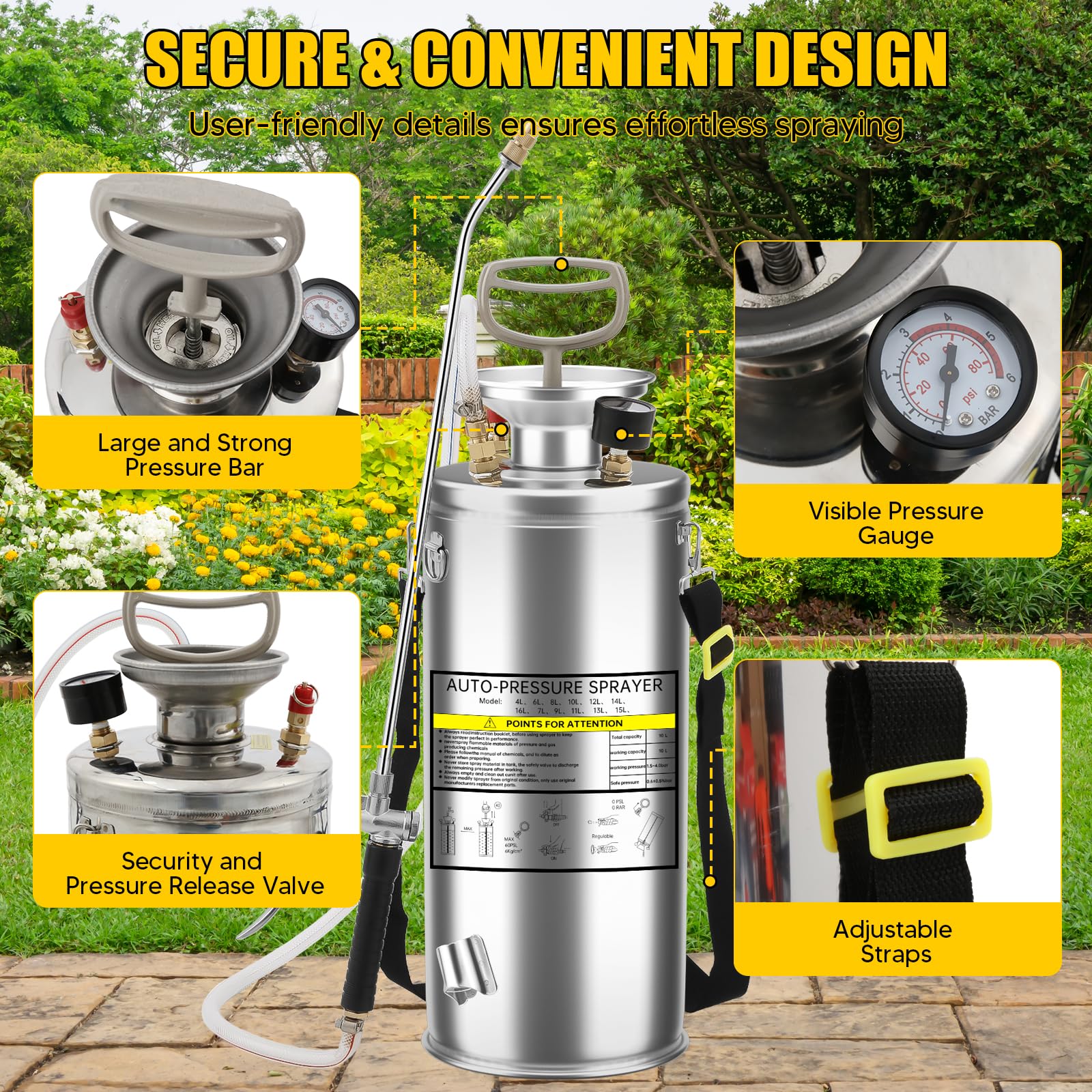 Drucksprüher 10L Edelstahl – Handspritze mit Manometer, Verstellbarer Messingdüse, für Garten, Rasen, Desinfektion & Reinigung