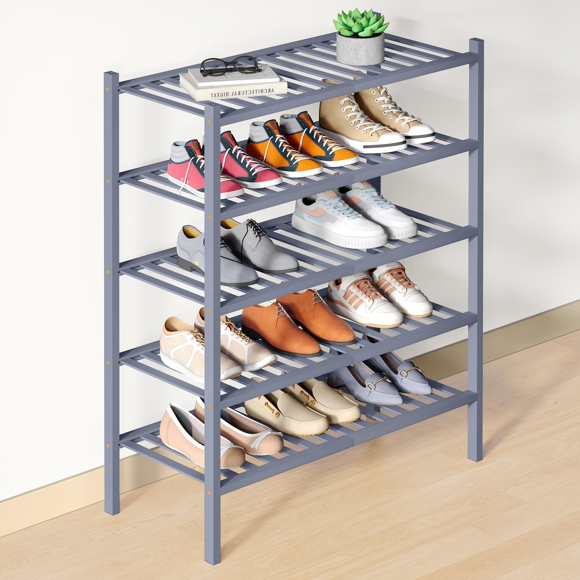 smiry Schuhregal aus Bambus, Schuhregal Platzsparend mit 5 Ebenen, Erweiterbar Stapelbar Shoe Rack, Schuhablage für Flur,Wohnzimmer, Schlafzimmer, Badezimmer, Grau