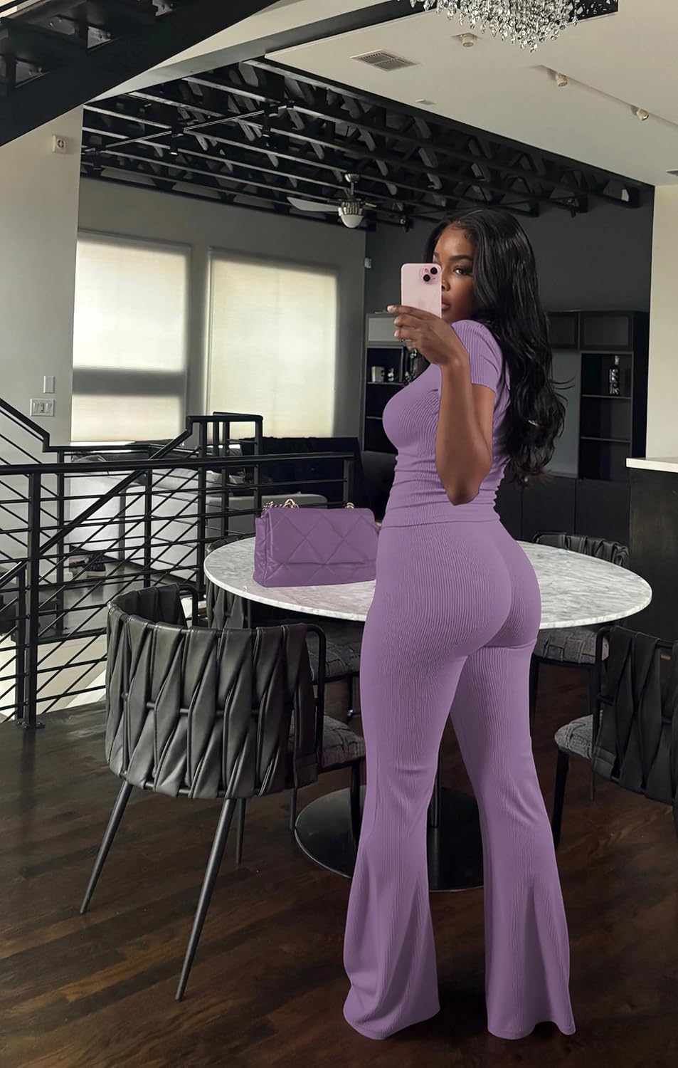 HBQ Women Two Piece Outfit Ribbed Short Sleeve V Neck Polo Top and Flare Pants Casual Lounge Sets Tracksuit - Image 3