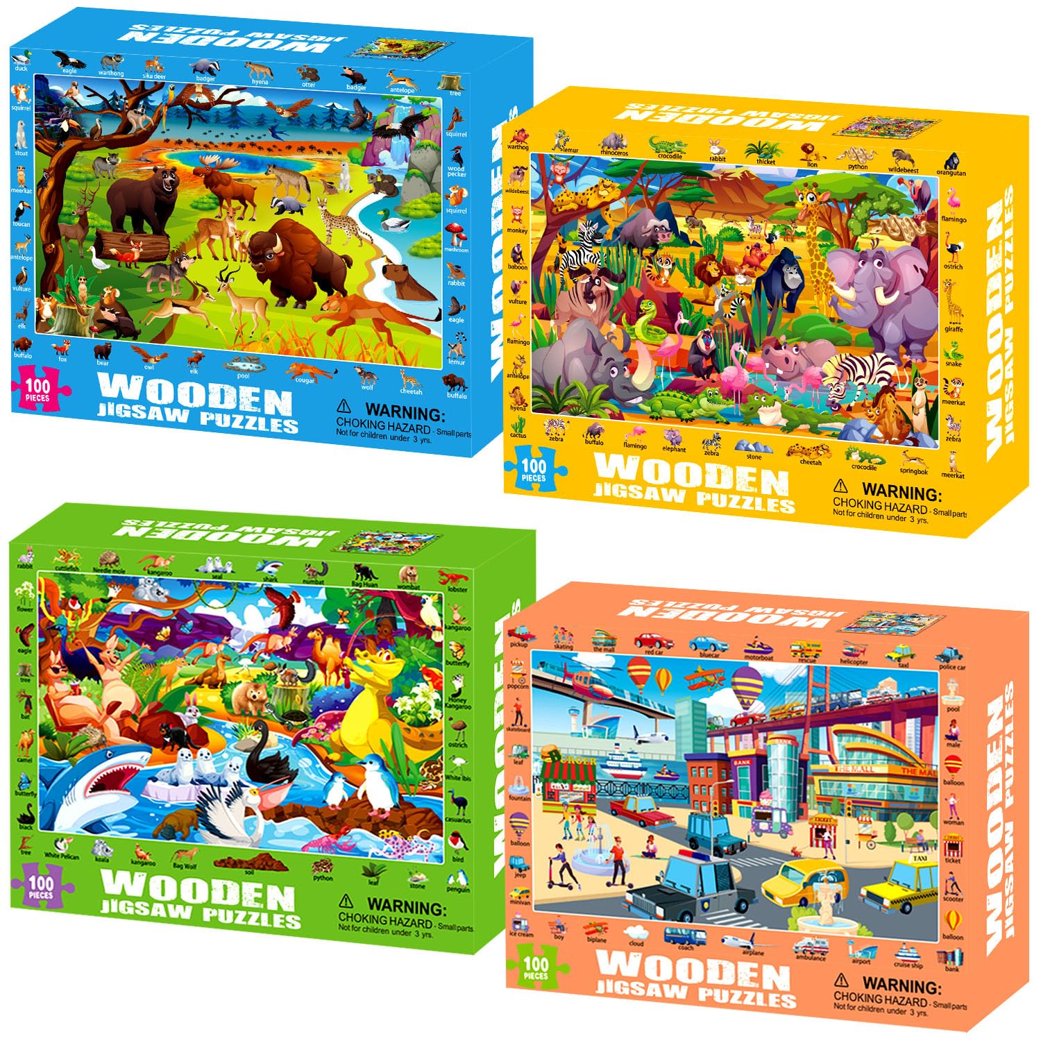 View 1 of 100 Piece Jigsaw Puzzle for Kids Ages 4-6, 4-Pack Animal & Vehicle Themes