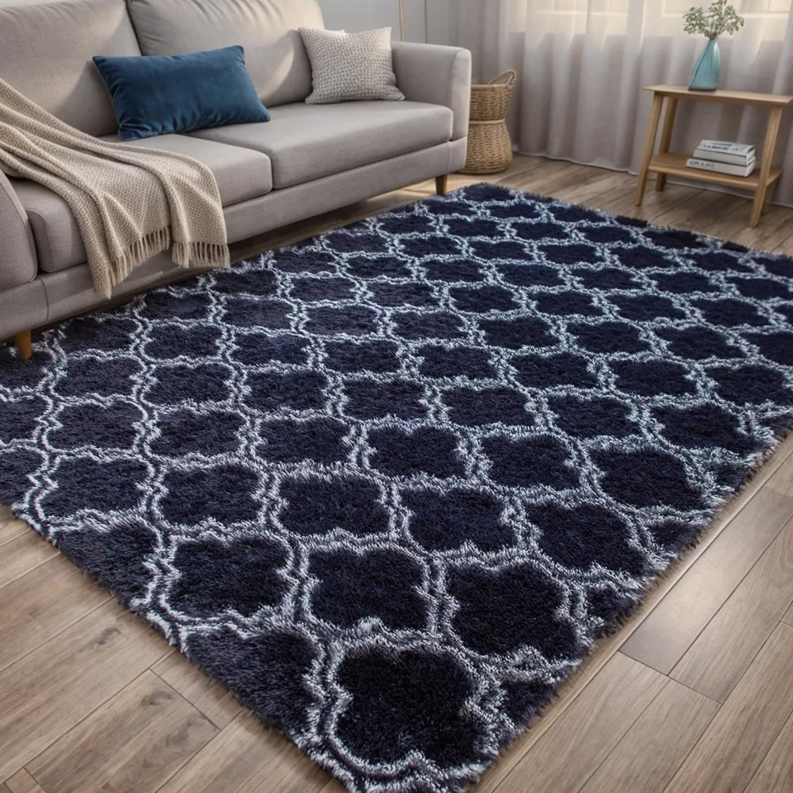 ISMOL Alfombra Suave para salón, Dormitorio, Alfombra Peluda, mullida, Moderna, para Interior, Antideslizante, Lavable (Azul Oscuro, 80 x 160 cm)