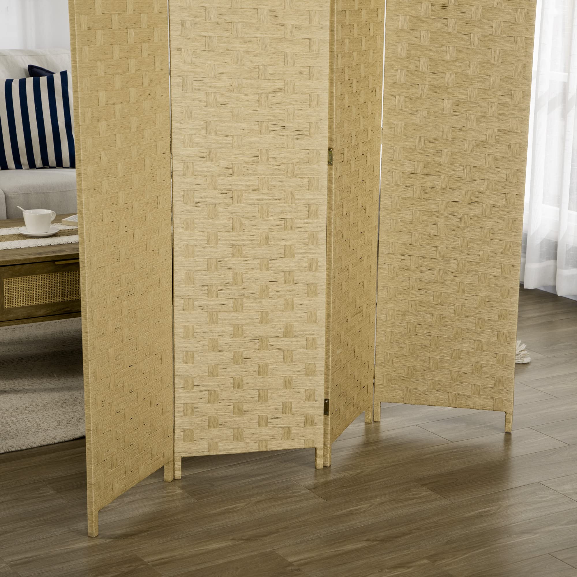 HOMCOM Biombo Separador de 4 Paneles 159,5x169,5 cm Divisor de Habitación Plegable de Cuerda de Papel Decoración Partición para Dormitorio Salón Marrón