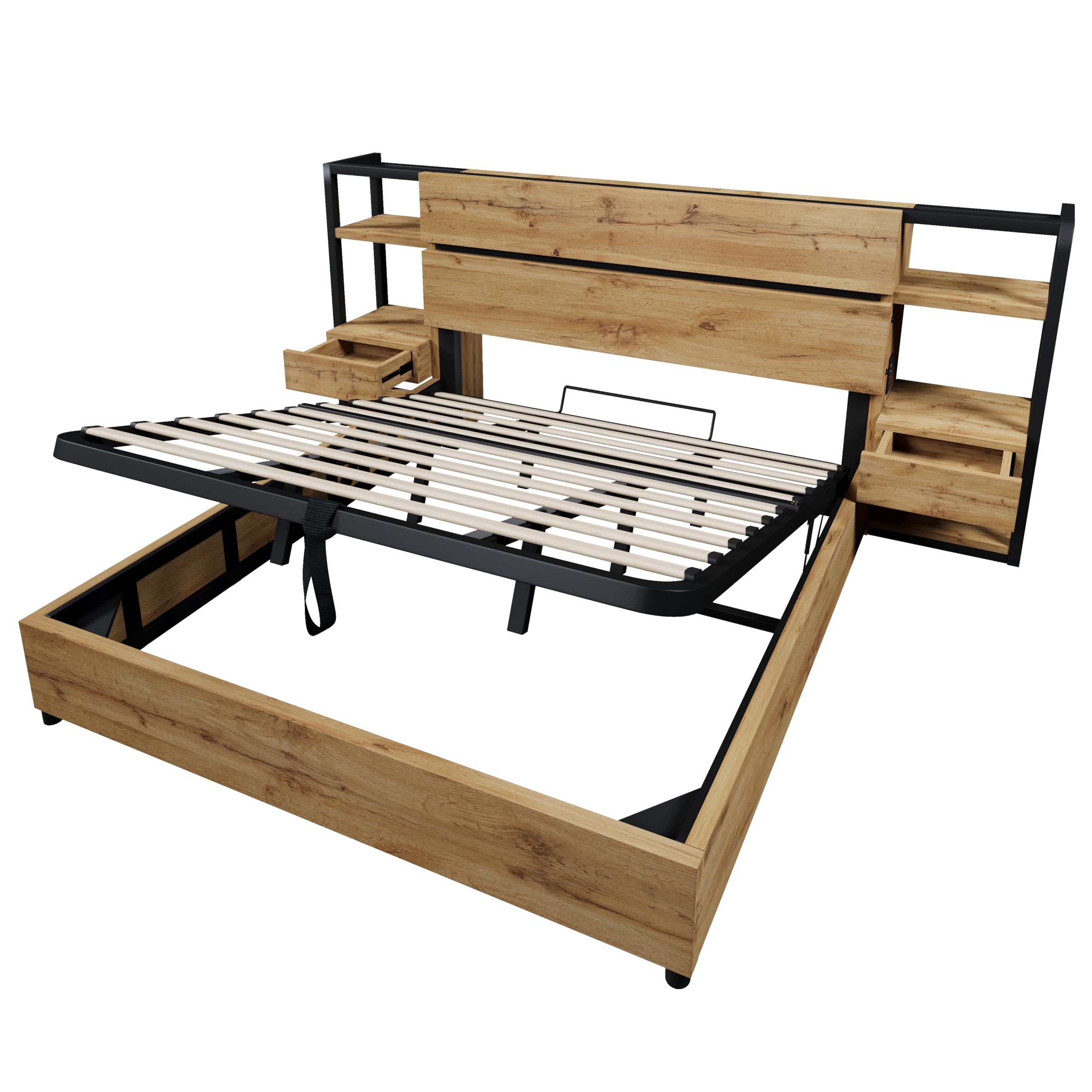 Cama 180x200 cm Camas Matrimoniales con Cajón y Almacenamiento Hidráulico, Cama Matrimonio con Carga USB y Estante Almacenaje, Estructura Camas Doble con Lamas Madera, Sin Colchón, Color Roble