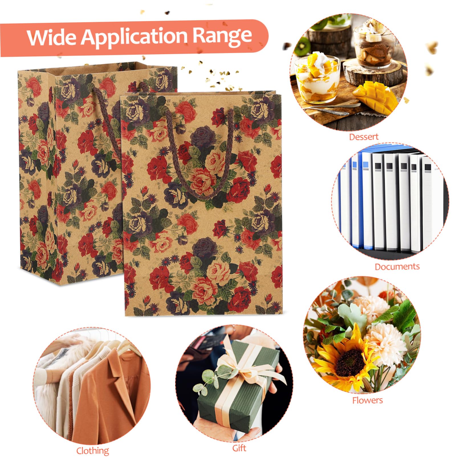 COLLBATH Geschenktüte Groß 40x30 Papiertüten mit Rosenmuster 12 Stück Kraftpapier Tragegriffe Stabilem Boden für Geburtstage und Einkaufen