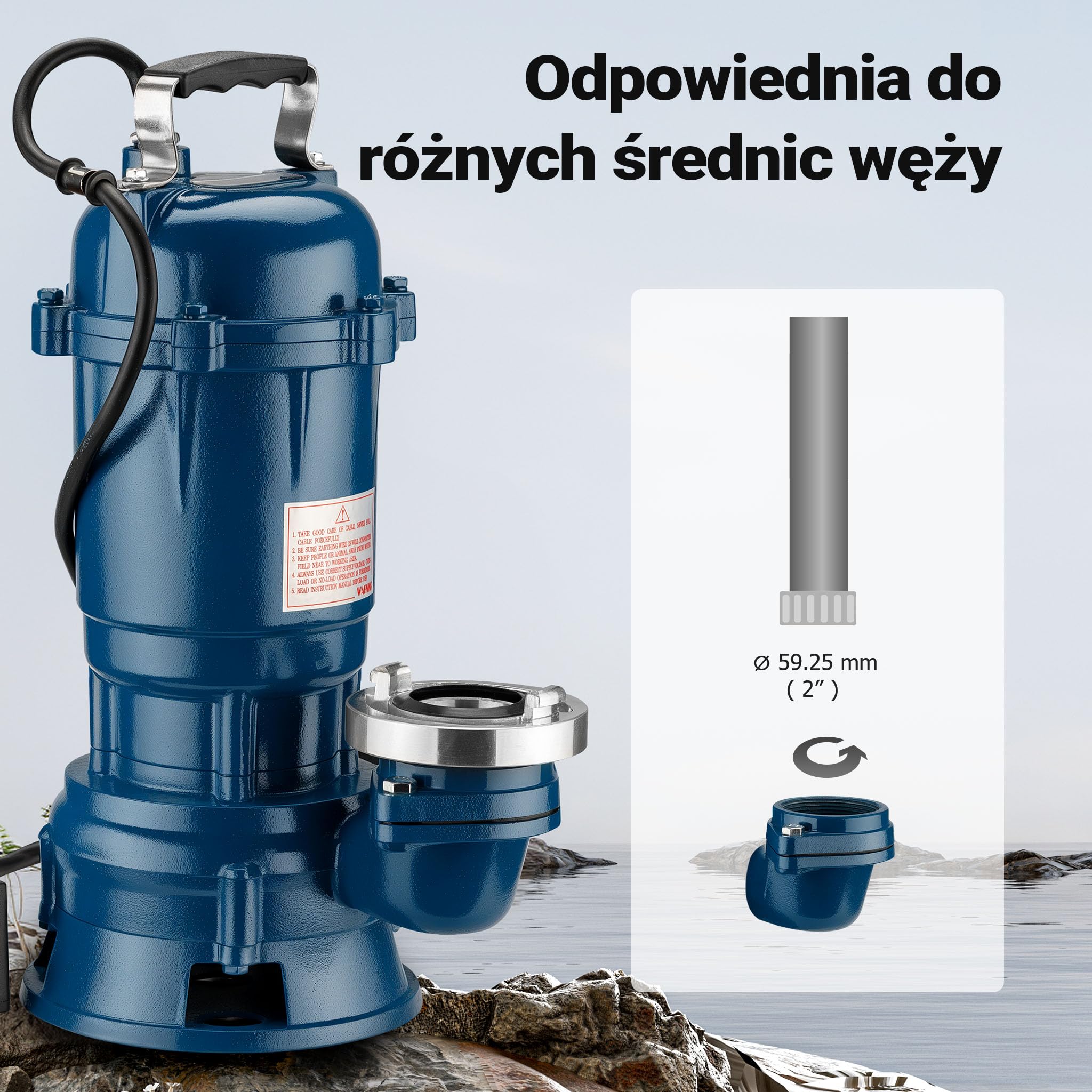 Wiltec Pompa do brudnej wody Pompa zatapialna 1100 W o natężeniu przepływu 15 000 l/h z wężem o długości 20 m Pompa