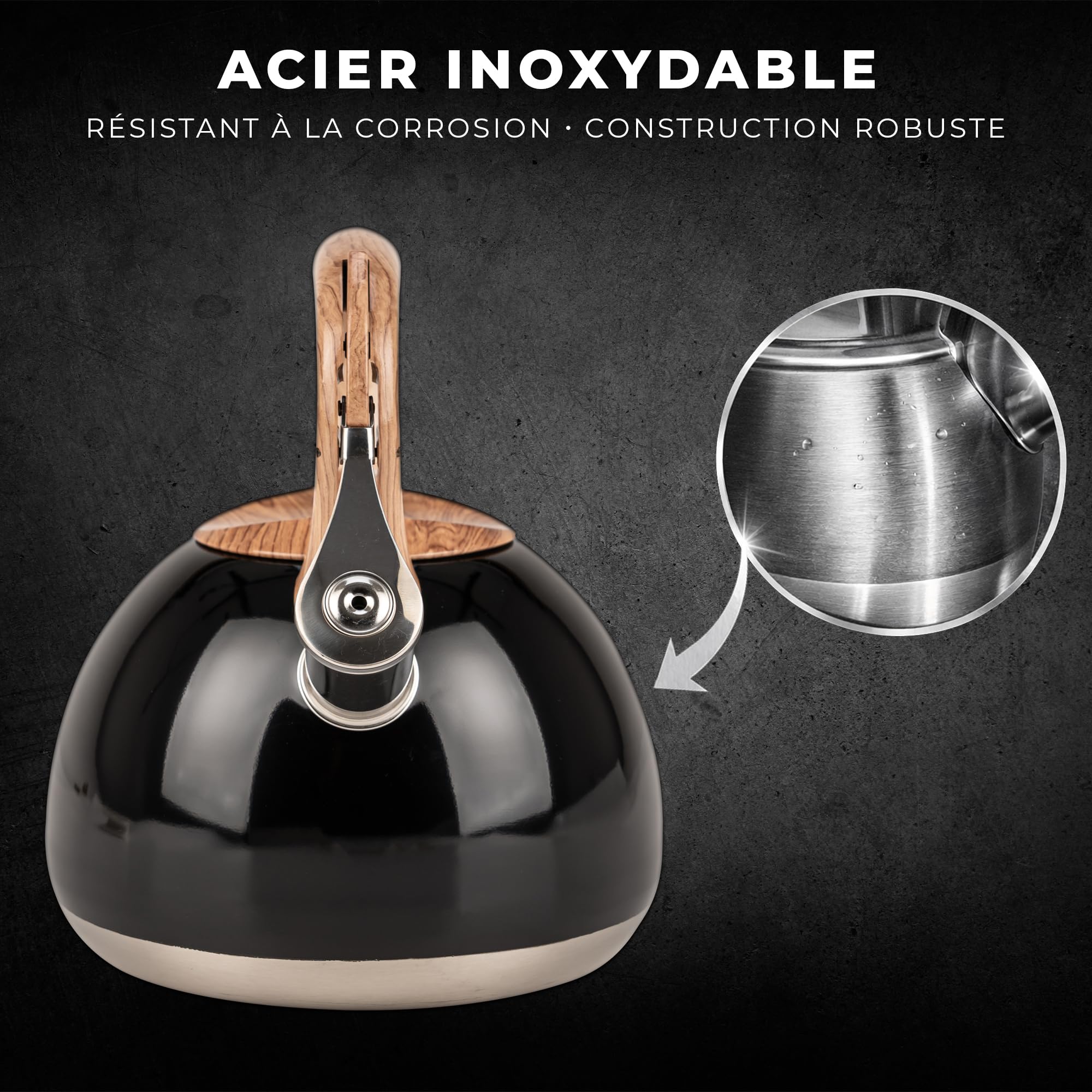 KARL HAUSMANN Bouilloire Inox Noir - 3L - Bouilloire Sifflante - Bouilloir Induction, Gaz - Poignée Résistante à la Chaleur - Bouilloir Traditionnelle Tous Feux - Retro - Théière Gaz Bouilloir