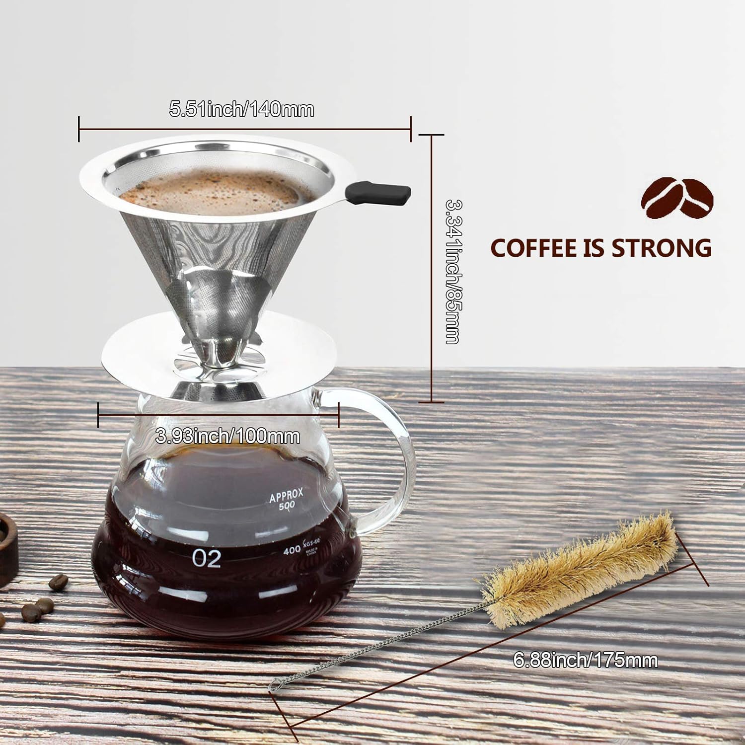 Pour Over Coffee Dripper Filter, 1-4 Cups Double Mesh Paperless Manual Reusable Permanent Coffee Cone Stainless Steel