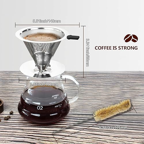 Miniatura 5 de Filtro de goteo de café, 1-4 tazas de doble malla sin papel, manual, reutilizable, permanente, cono de café de acero inoxidable