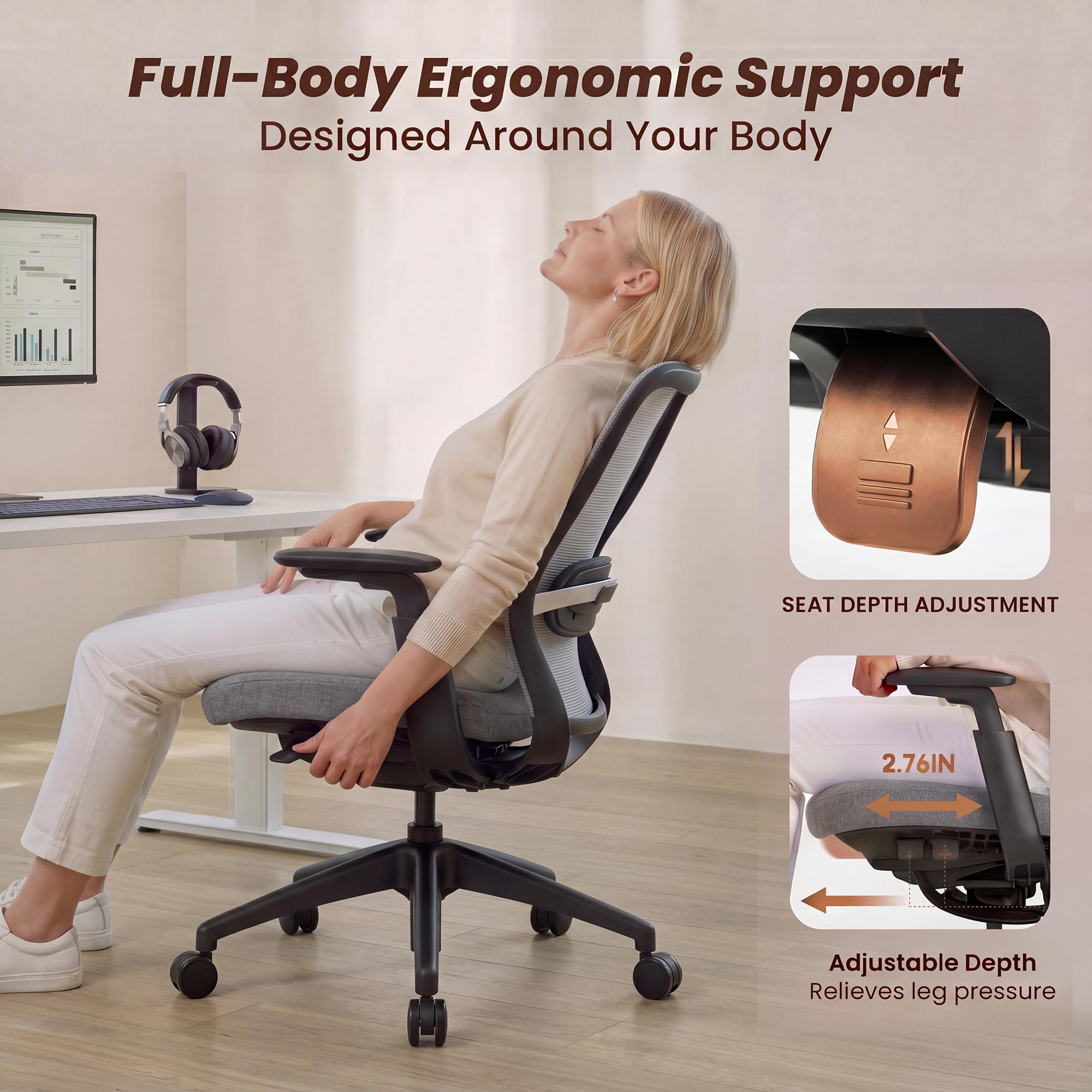 COLAMY Office Chair for Long Hours, Easy Wire-Control Desk Chair with Sliding Seat Depth & Thick Padded Lumbar Support, Heavy Duty 300 LBS High Back Mesh Computer Chair for Home Workstation,Grey - 4