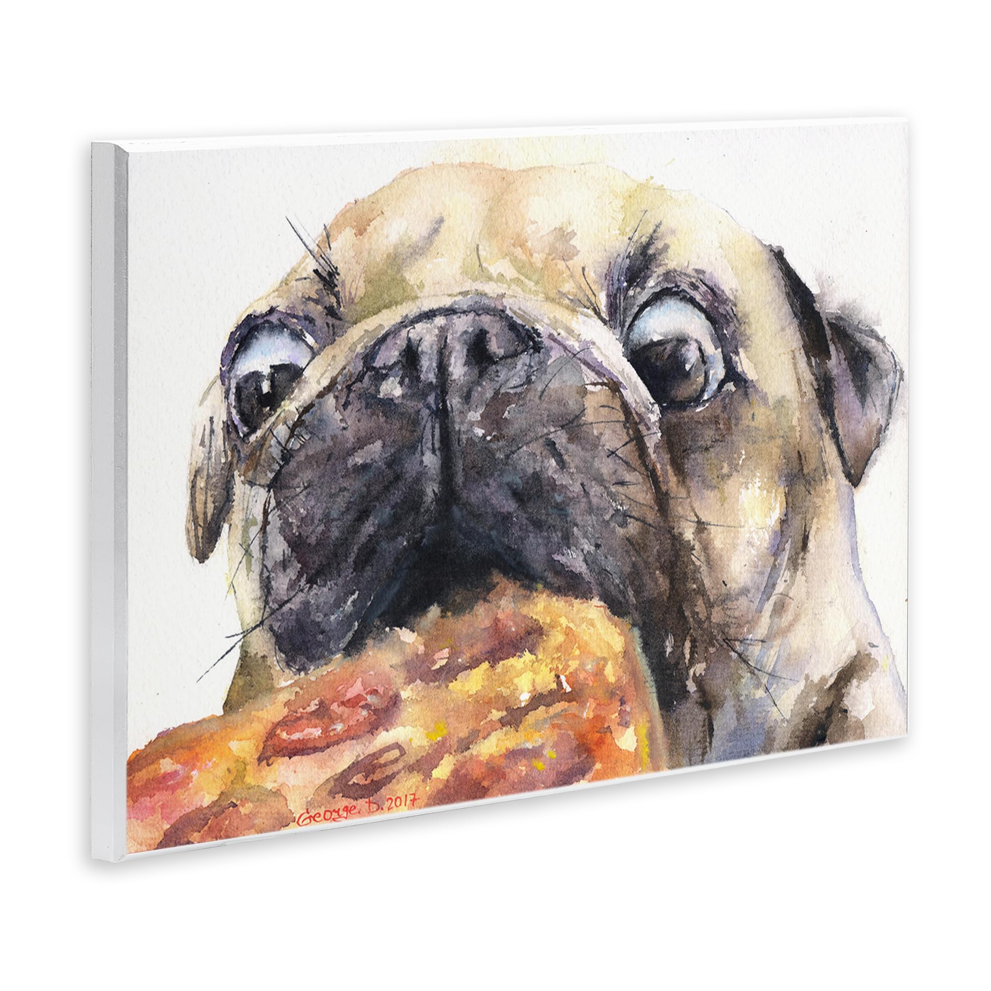 Stupell Industries Pug and Pizza Funny Dog Pet Animal Watercolor Painting Carteles y Placas, Madera MDF, Multicolor
