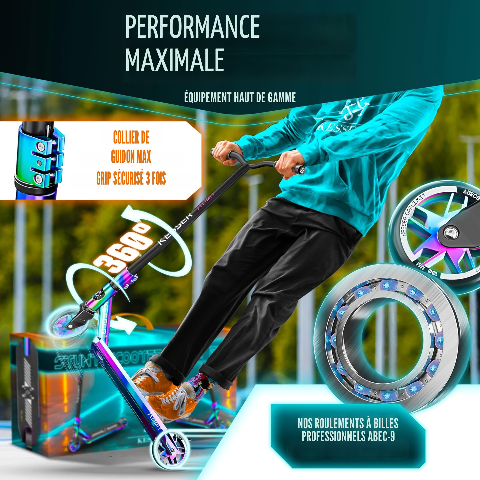 KESSER® Trougetinette de Freestyle X-Limit-Pro 360Ḟ Direction trougetinette Funscooter trougetinette de Freestyle avec béquille ABEC 9 roulements à Billes, Roues en PU 110 mm,