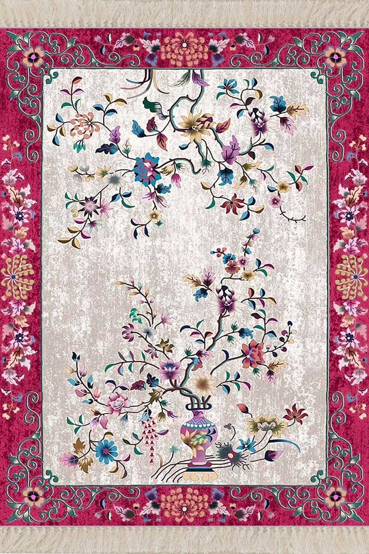 Pelangi Çiçek Desenli Etnik Dijital Baskı Yıkanabilir Kaymaz Taban Salon Halı Ve Yolluk, Bej-Fuşya 120 x 180