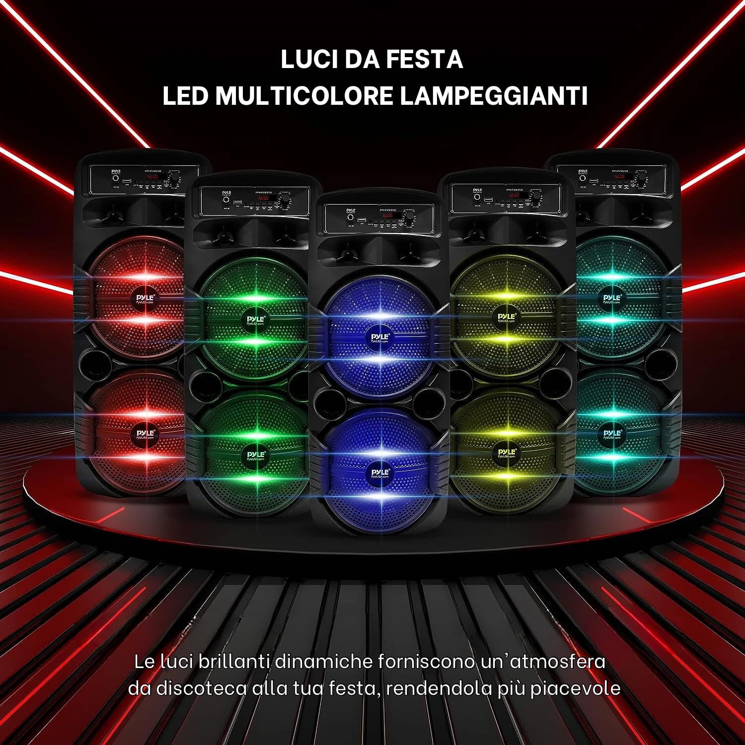 Pyle Cassa Bluetooth Portatile, Sistema PA Ricaricabile 600 Watt, Altoparlante Esterno con Doppio Subwoofer da 20 Centimetri, Tweeter da 2,5 Centimetri, Microfono, Luci