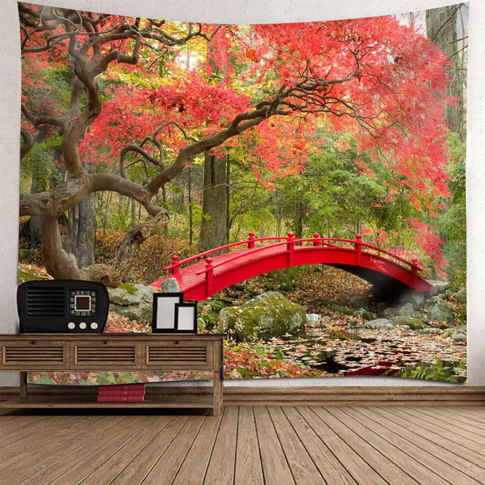 Homxi Tapestry Room Decor 200 x 200 cm, krajobraz z motywem lasu i mostu, dekoracja ścienna, poliester, czerwony, zielony, brązowy