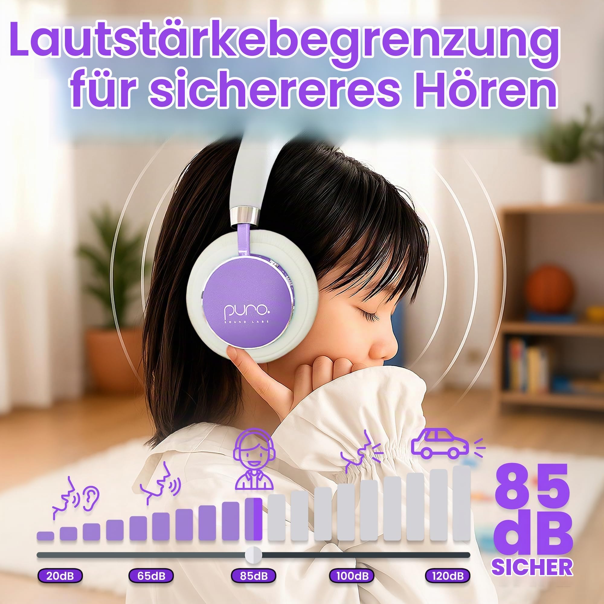 Puro Sound Labs BT2200-Plus Lautstärkebegrenzende Bluetooth-Kopfhörer für Kinder - Sicherere Kopfhörer für Kinder - Studio-Qualität und Geräuschisolierung – Lila