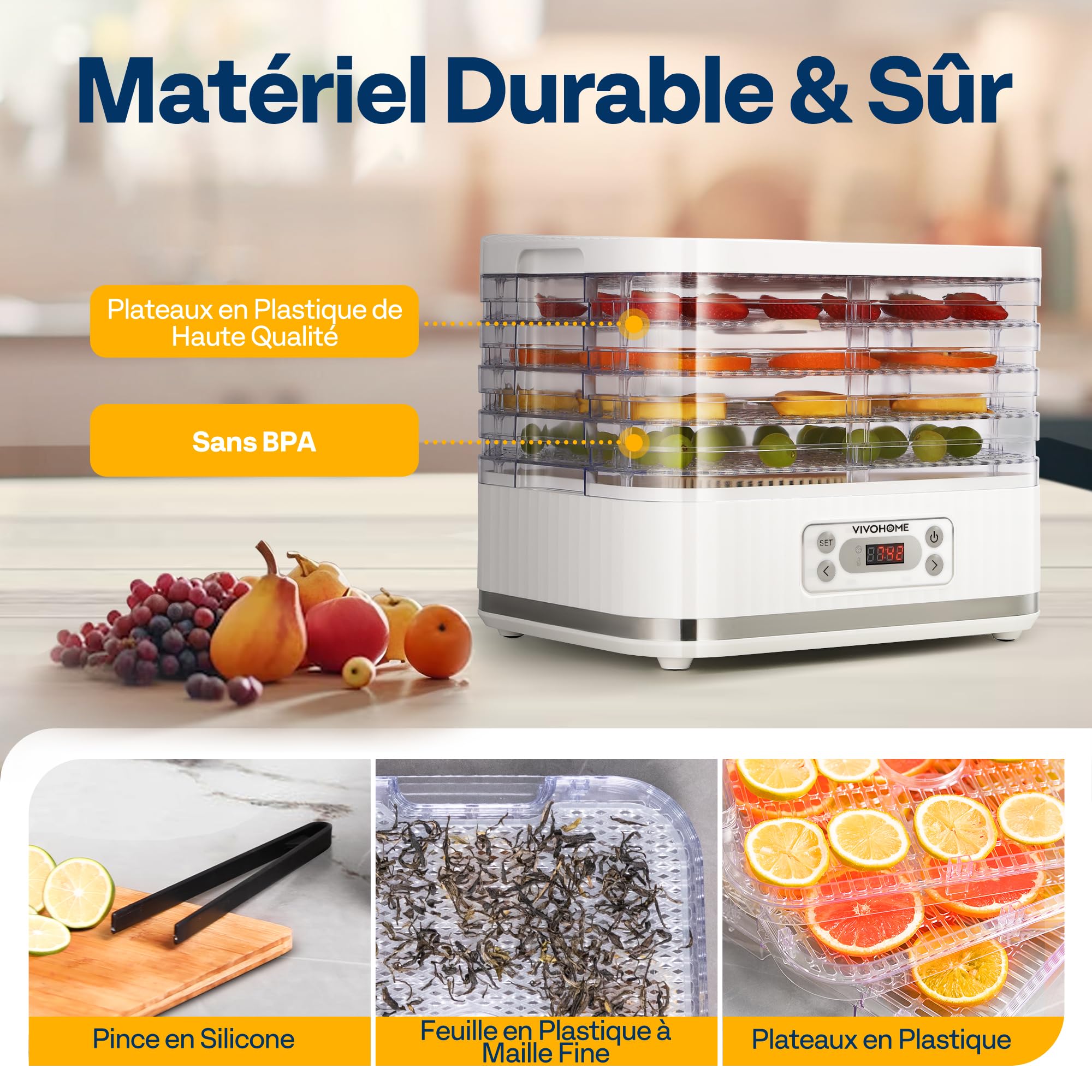 VIVOHOME Déshydrateur Alimentaire Séchoir 5 Plateaux 400W sans BPA, Température Réglable 35°C-70°C avec Minuterie 72h Lyophilisateur pour Fruits Séchés Viande Légumes Champignons Blanc