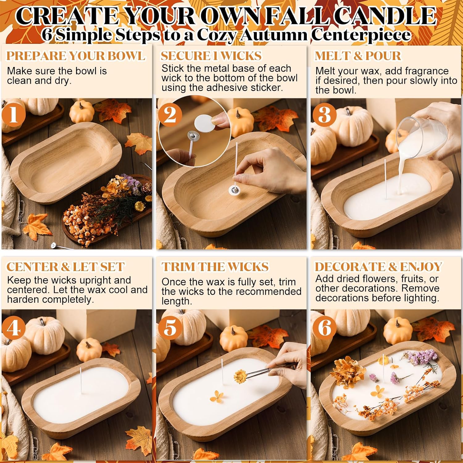 Pinkunn 2 Set Wooden Dough Bowl Candle Making Kit, Fall Harvest Craft Decor