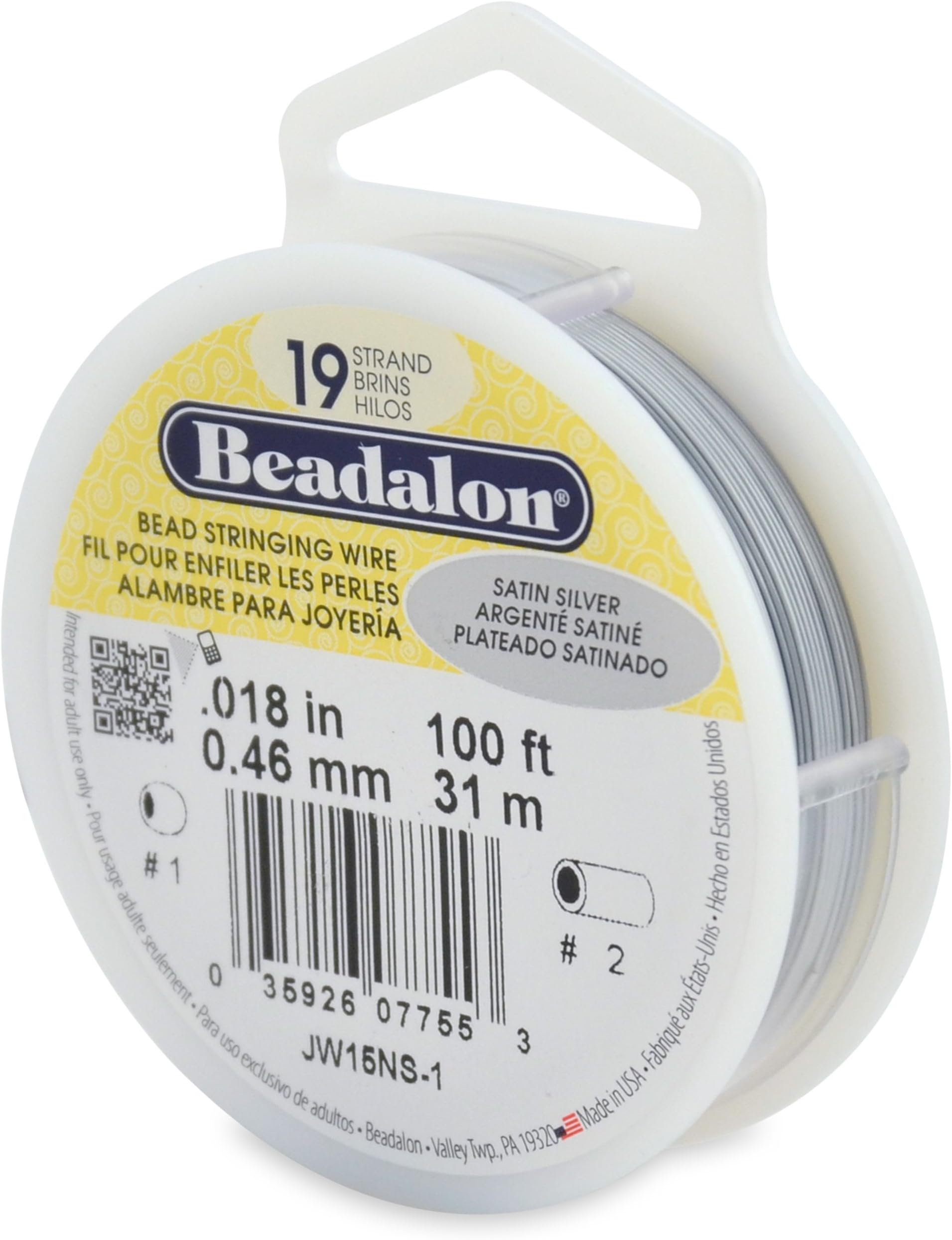 Beadalon 19-Strand Bead Stringing Wire, 0.018-Inch, Satin Silver, 100-Feet