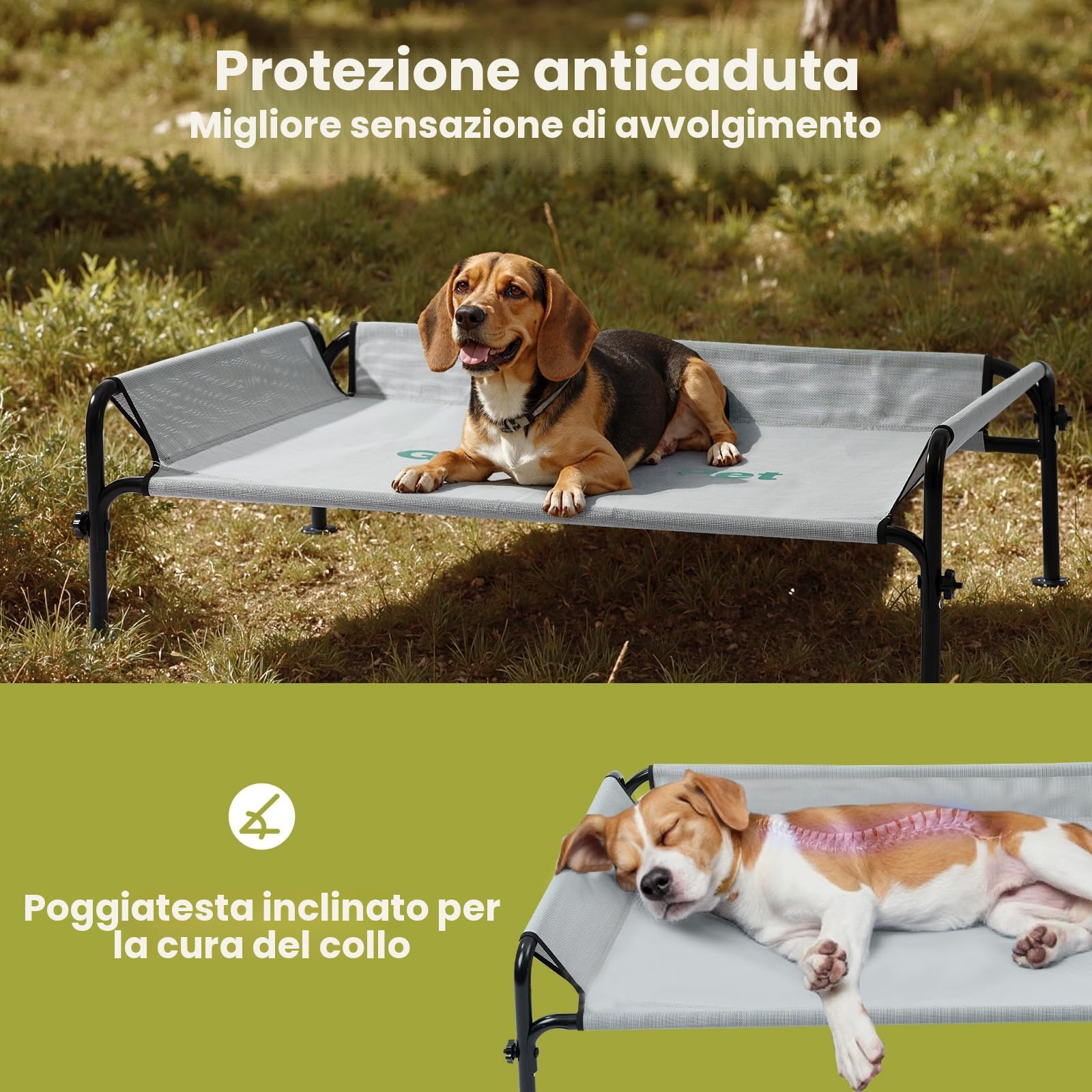 Gardner Pet Letto Rialzato per Cani Grandi e Medii, Brandina Traspirante Esterno-Interno, Cuccia Estiva Antigraffio, Struttura Metallo Nero S