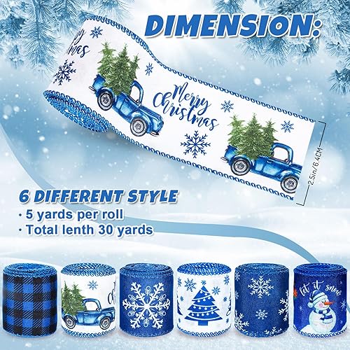 Miniatura 2 de Whaline 6 rollos de cinta de Navidad con alambre de copo de nieve azul y blanco, camión de árbol de Navidad, muñeco de nieve de invierno, cinta