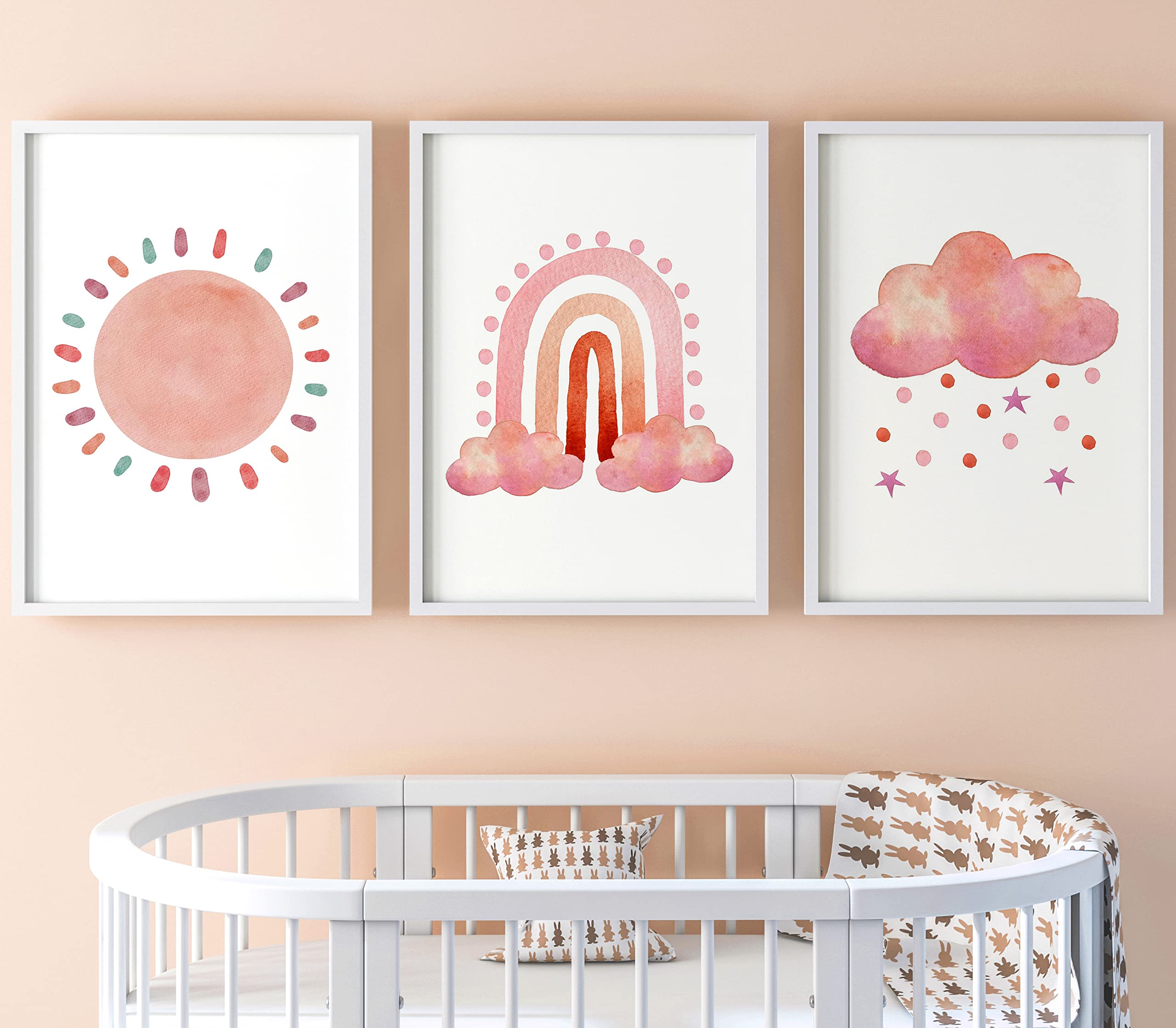 Eviepops Prints Sonnenschein Regenbogen Regenwolke Set aus 3 Ungerahmter Druck, Kunst im Boho-Stil, Kinderzimmer-Wandkunst, Dekor im Babyzimmer, Rosa, Mädchen Schlafzimmer Dekor (A3)