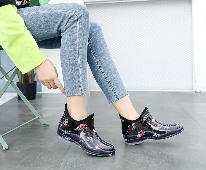 Garden Boots Black Flowers Print