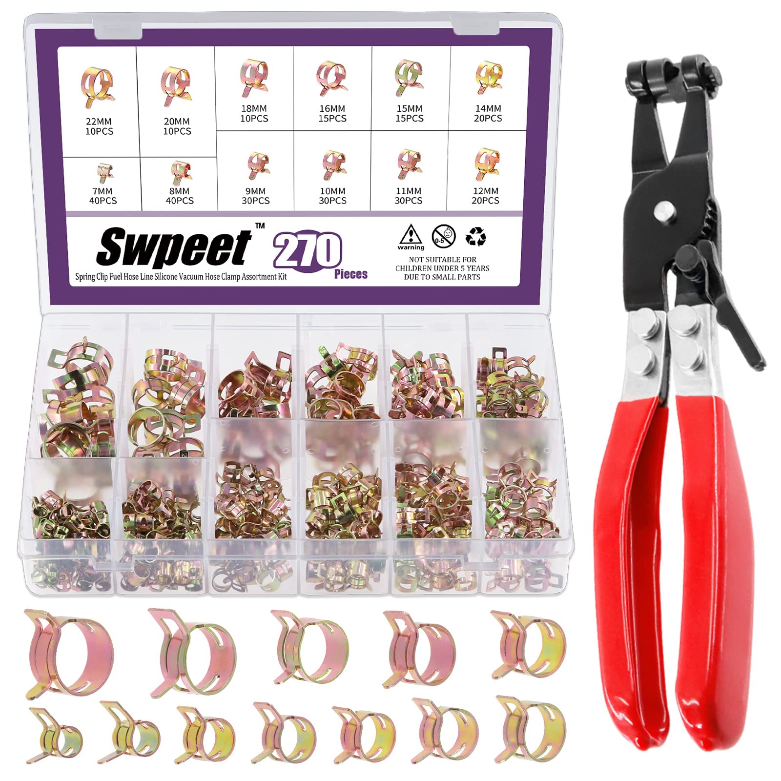 Swpeet 271Pcs 7-22mm Spring Band Hose Clamps with Swivel Flat Band Fuel Hose Clamp Plier Assortment Kit, Silicone Vacuum Hose Action Pipe Clamp Low Pressure Air Clip Clamp for Hose Clamps