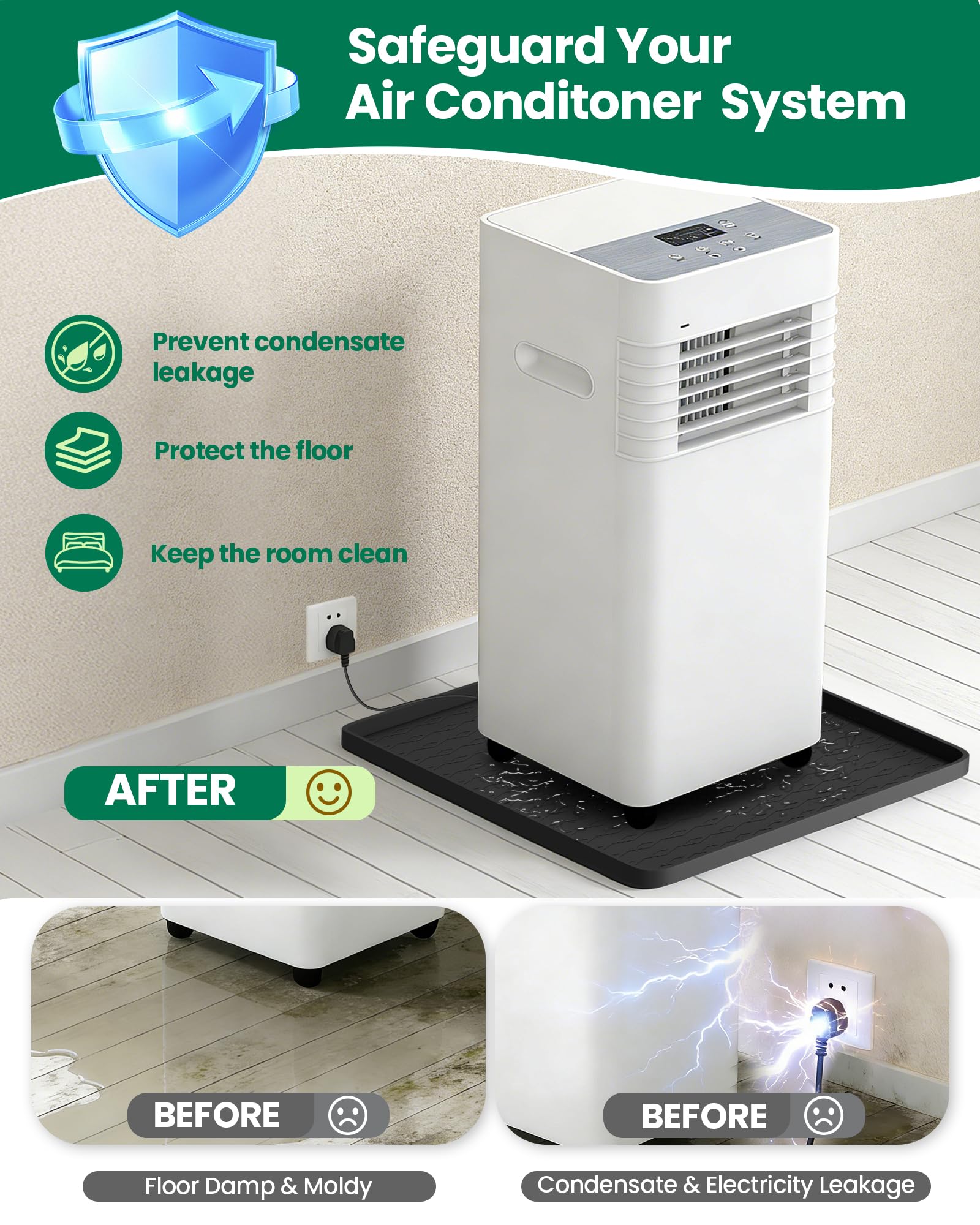 Portable Air Conditioner Silicone Mat: 20''x20''x0.7'' Waterproof Portable AC Drip Pan - Non-Slip Soft Drip Tray with Raised Edge - Ideal for Ice Maker Mini Fridges & Electrical Appliances - Black - 3