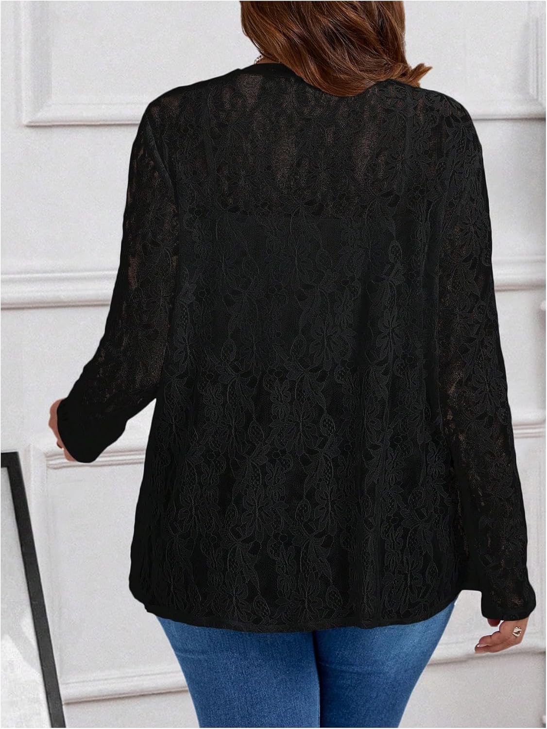 Women's Plus Size Floral Lace Jacket Sheer Mesh Open Front Long Sleeve Lightweight Cardigan Outerwear - Image 2