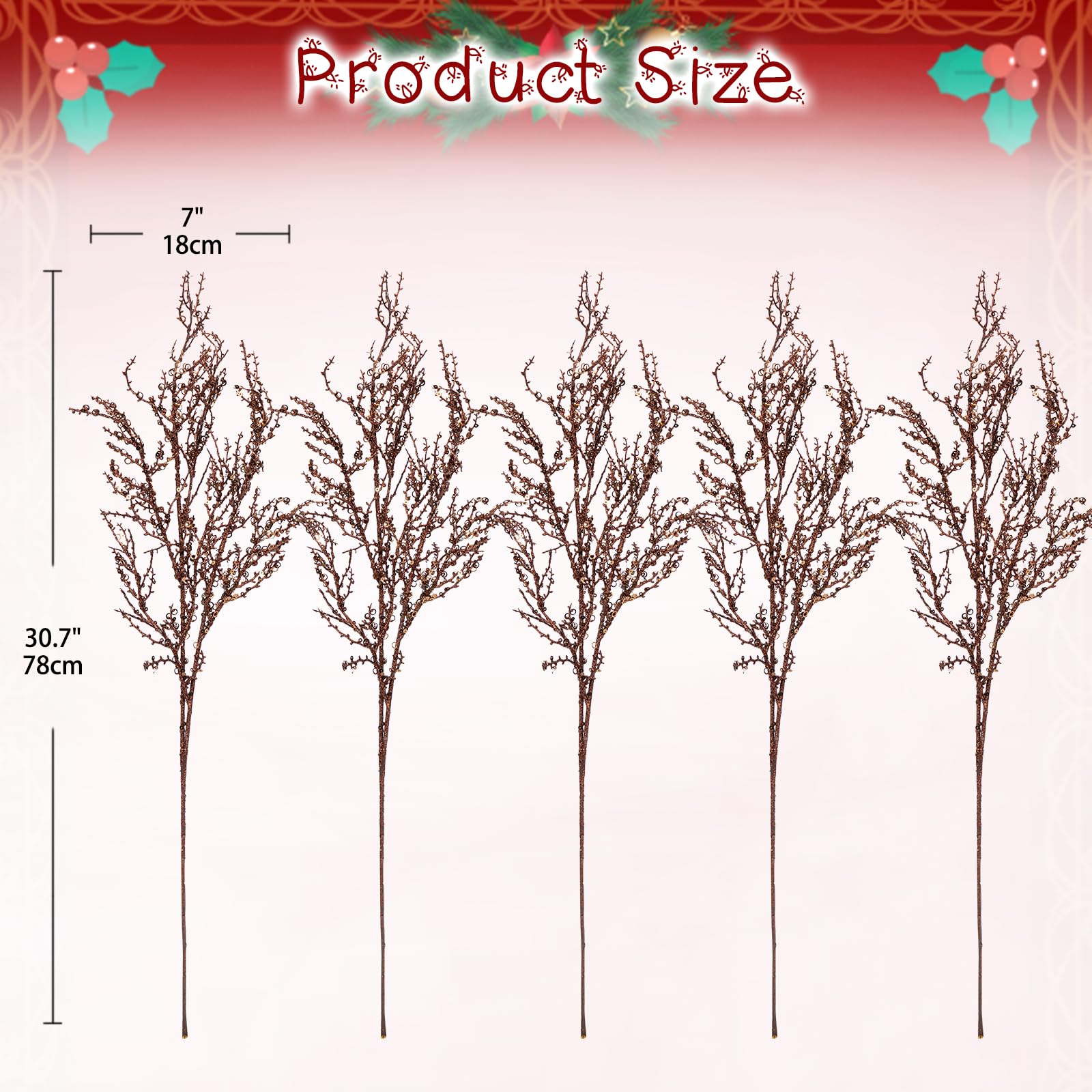 Hollyone 5PCS Glittery Christmas Branches with Sequins, Brown Arificial Plant with Long Stems - Image 2