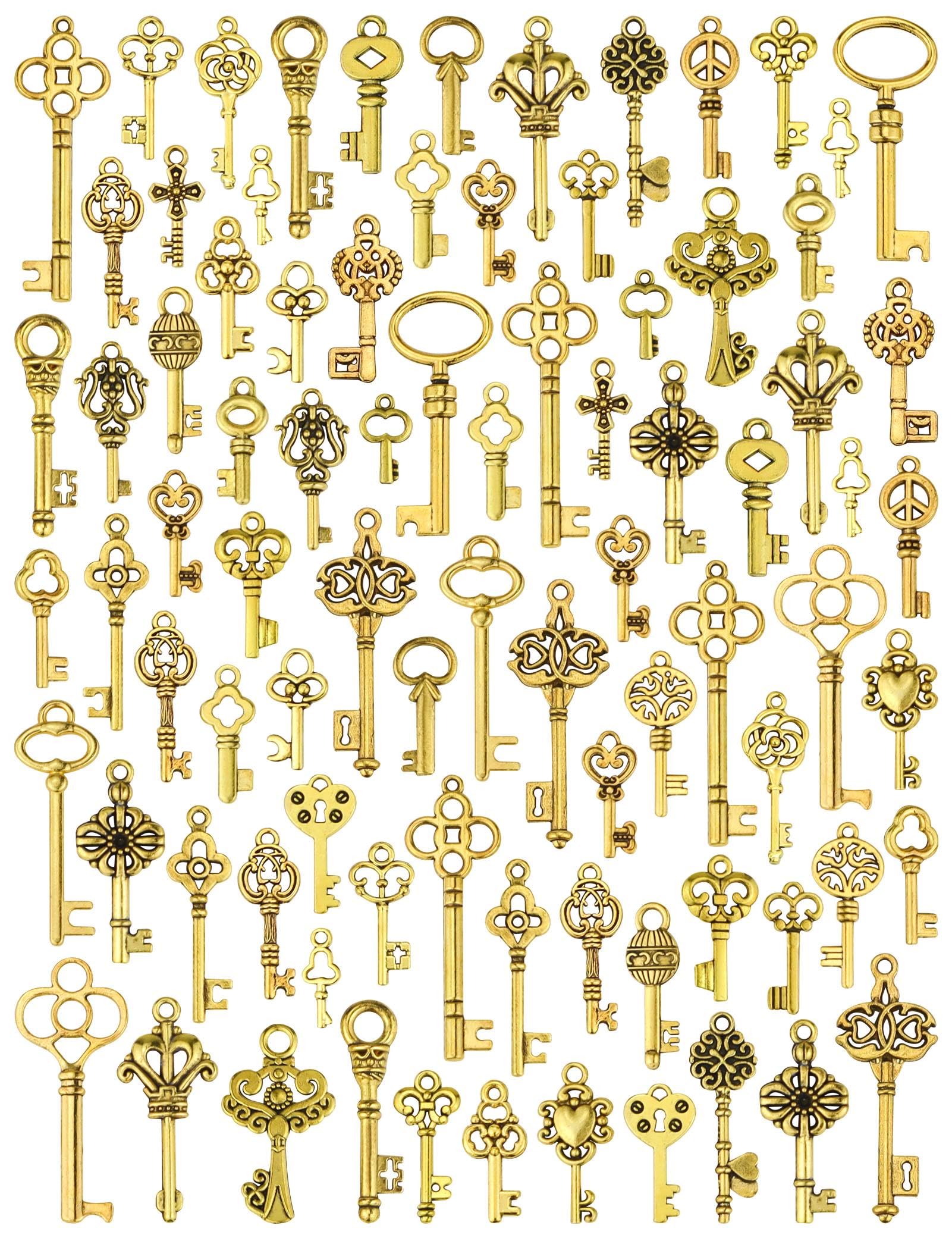 80 PCS Vintage Skeleton Key Set Charms, Mixed Style Antique Gold Key Set Pendant DIY Charms for Jewelry Making Wedding Party Favors