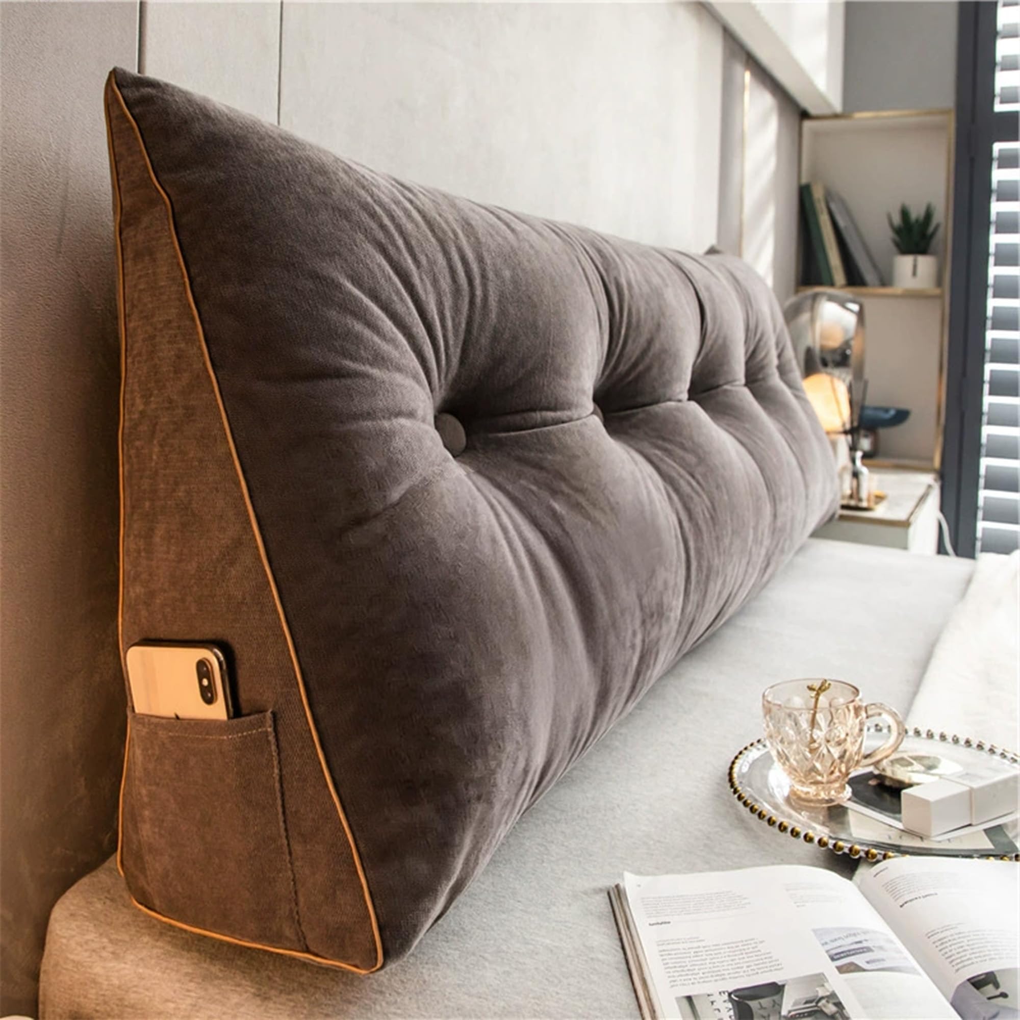 DUOLEH Back Support Cushion with Side Pocket, Wedge Pillow for Bed, Removable Lumbar Backrest, Headboard Bolster Support Pillow, Triangular Rest Reading Cushion (120x50x20cm,Coffee)
