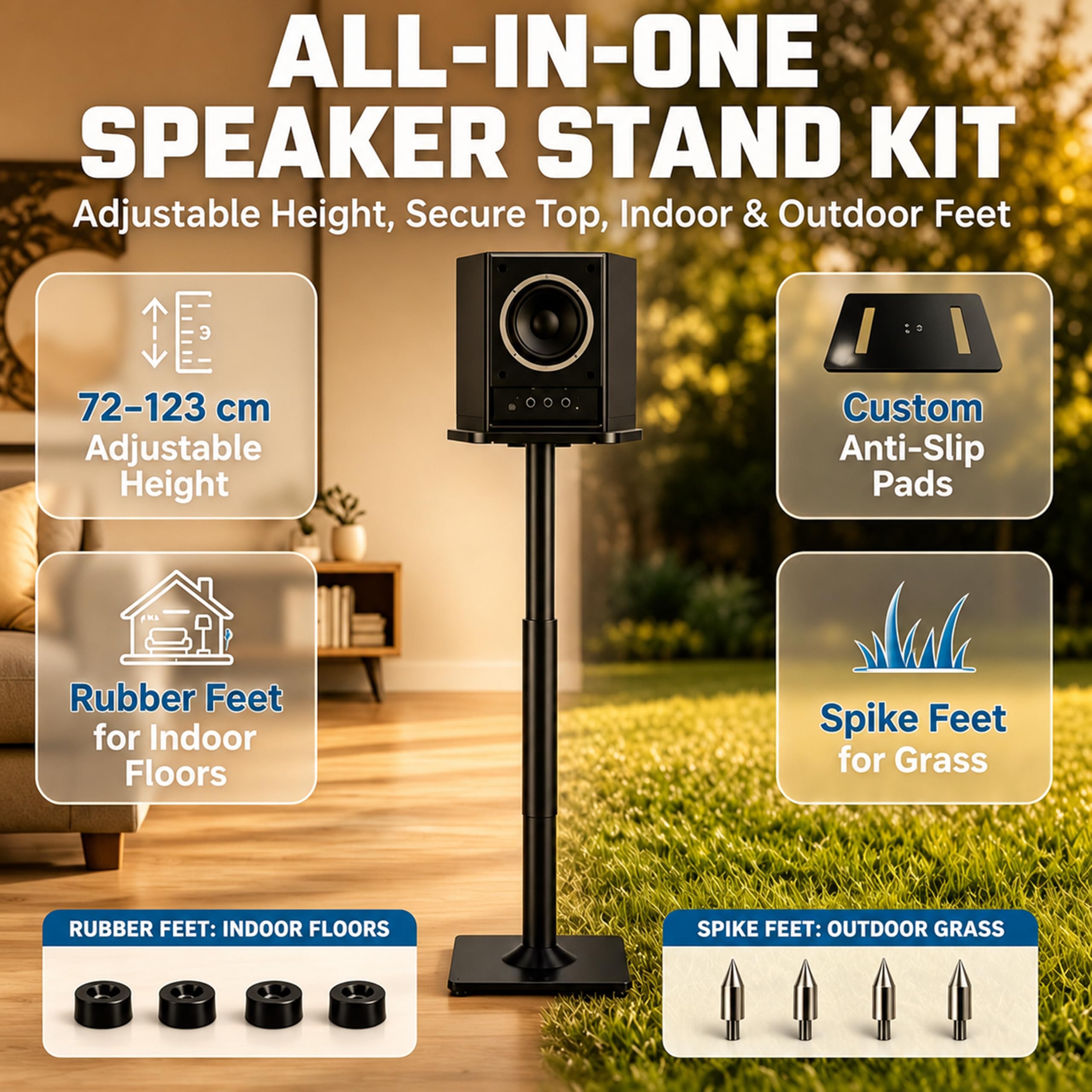 Soportes de altavoz ajustables en altura para satélites de hasta 10 kg, ampliables de 720 mm a 950 mm, soporte universal para altavoz de suelo con 2 tipos de almohadillas