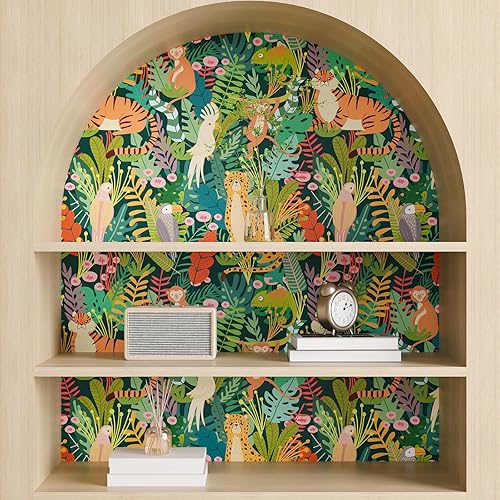 Miniatura 4 de CHIHUT Divertido papel tapiz tropical para despegar y pegar para niños, retro, selva, leopardo, pájaro, animal, colorido, autoadhesivo, extraíble,