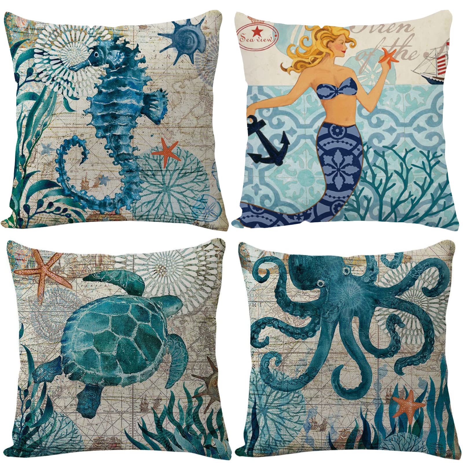 BINXWA 4er-Set Kissenbezüge 45 x 45 cm, maritimes Thema, dekorativer Kissenbezug, Baumwoll-Leinen-Kissenbezug, Sofakissenbezug, Outdoor-Gartendekoration