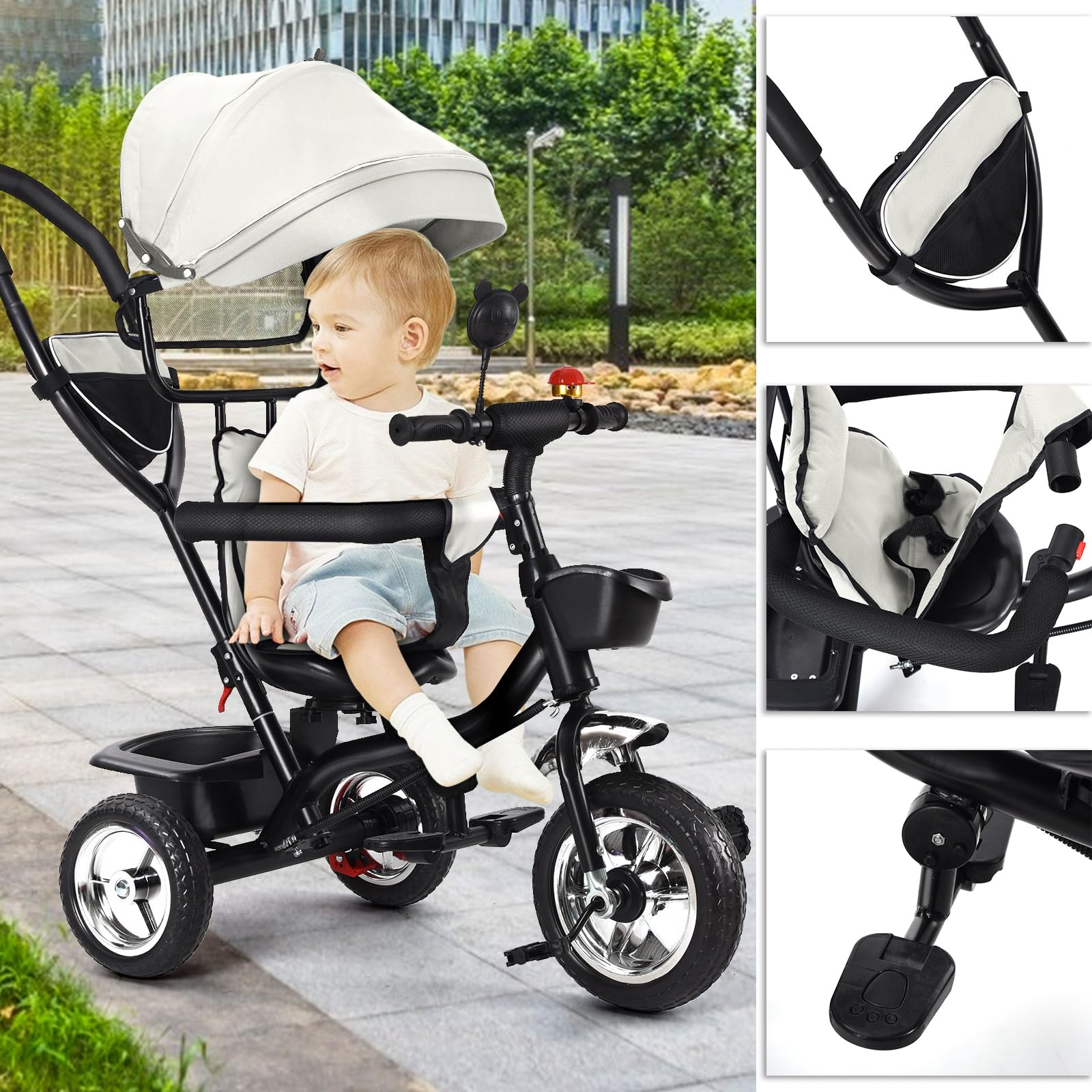 Tricycle 4en1, Vélo Enfant Vélo Enfant avec Siège Réversible et Roues en Caoutchouc Silencieuses, Tricycle Pliable avec Pare-Soleil,pour Les Enfants de 1 à 5 Ans-4 -in -1 (gris clair)