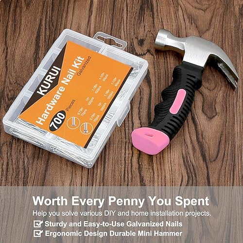Miniatura 7 de KURUI 700 uñas pequeñas para colgar fotos y martillo pequeño de 8 onzas para mujeres, herramienta rosa para colgar lienzo, arte de pared