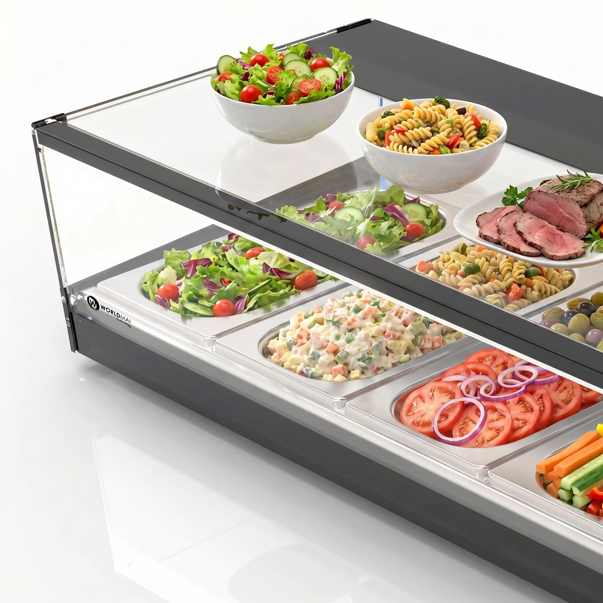 Vitrina de tapas Logic WORLDMAI x SAYL, 132 x 38 cm, 6 cubetas GN 1/3 para hostelería. Vitrina expositora refrigerada profesional de sobremesa con iluminación LED, para bar y restaurante.