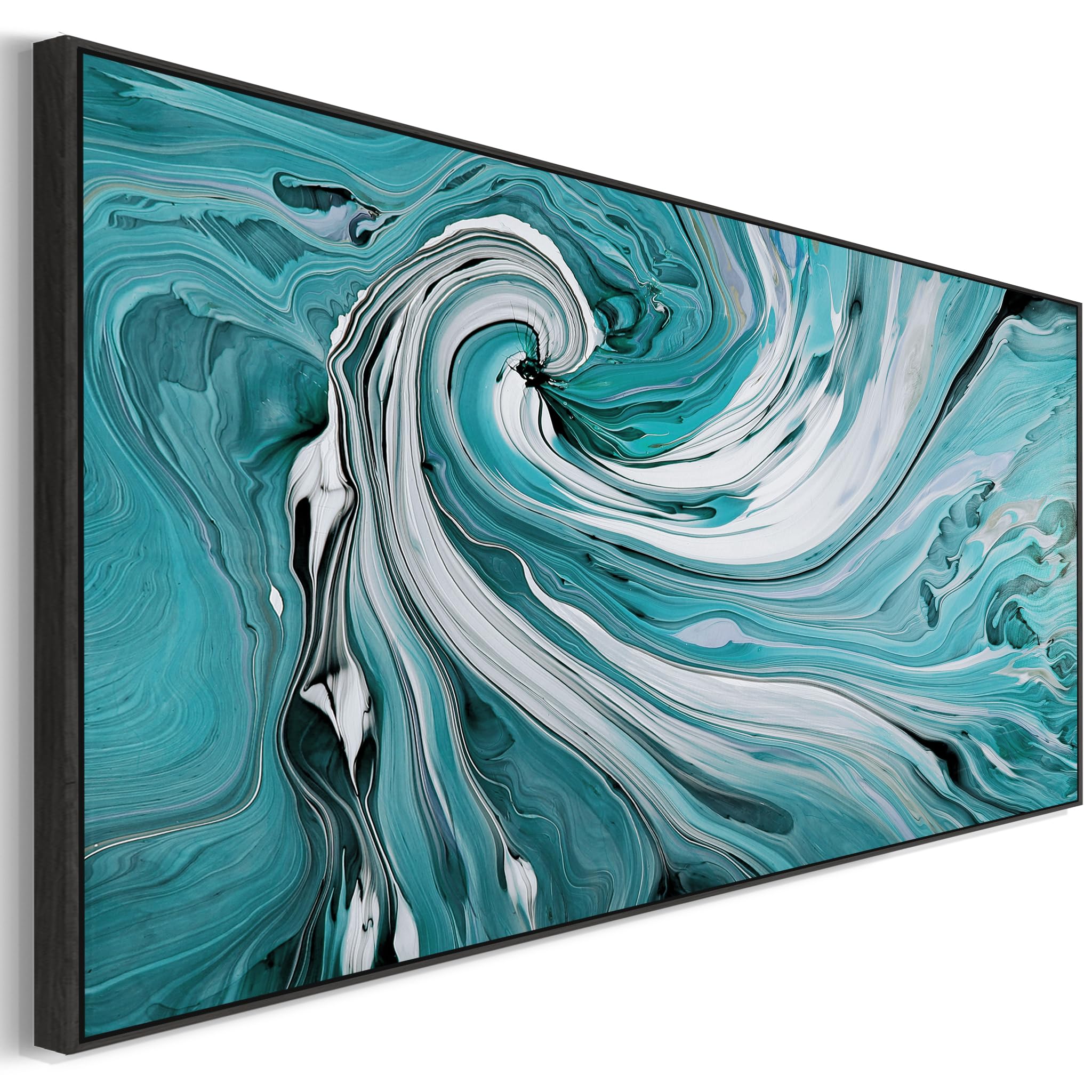 Wallfillers Teal Grey Abstract Painting Canvas Wall Art Modern (Teal-02, 153cm x 67cm BLACK Frame XXL)
