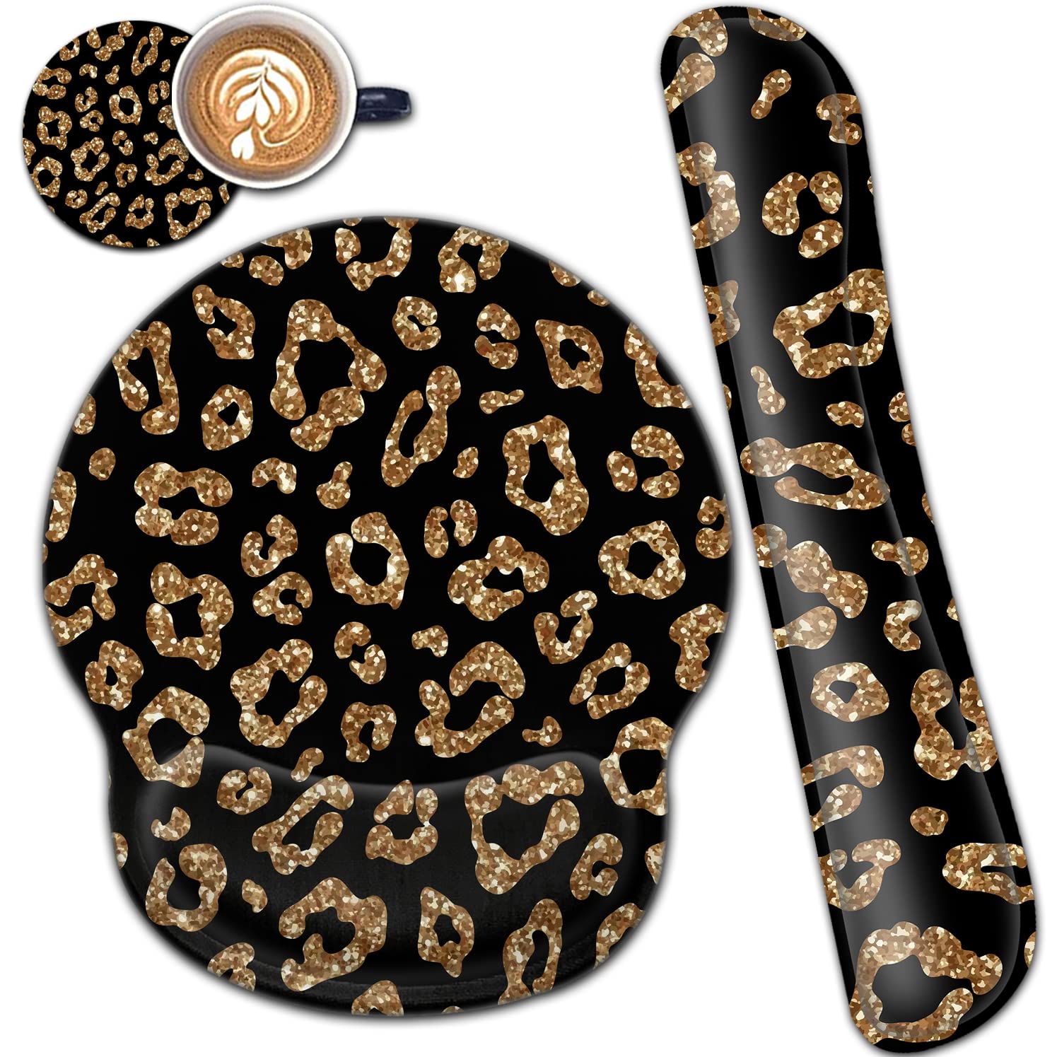 Ergonomic Gel Mouse Pad & Memory Foam Keyboard Wrist Rest Set - Gold Leopard Pattern Desk Mat For Office & Gaming