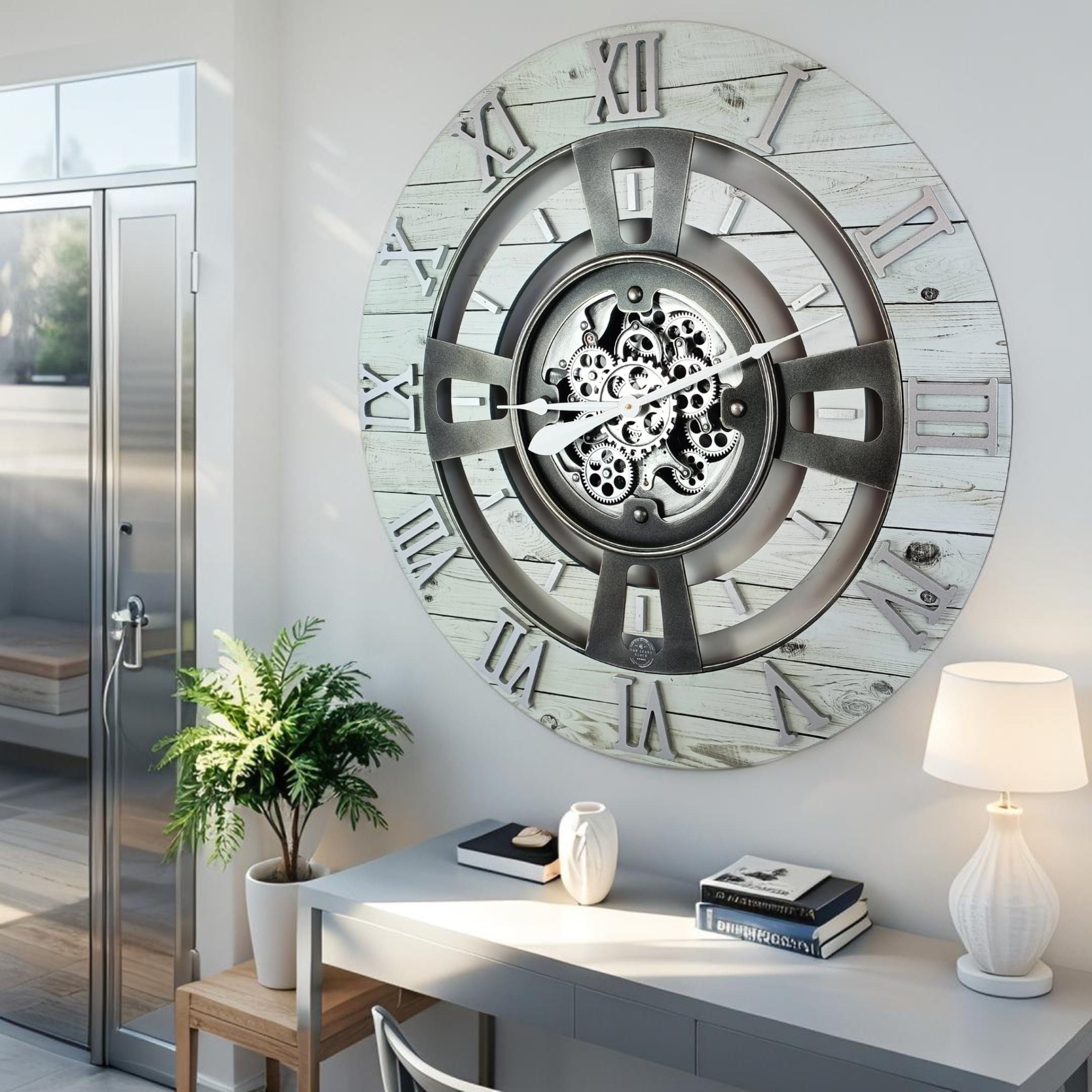 ImprovingLife El Reloj de Engranajes Reloj de pared con engranaje de movimiento real, línea de Inglaterra (Granja rústica blanca, 60 cm (24 pulgadas))